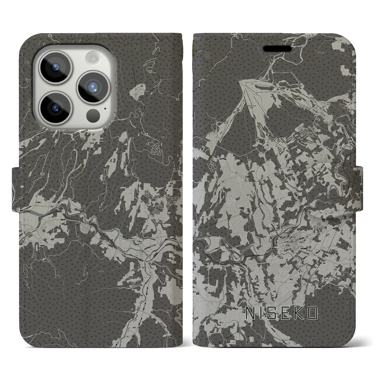 【ニセコ(北海道)】地図柄iPhoneケース(手帳タイプ)モノトーン・iPhone 15 Pro 用
