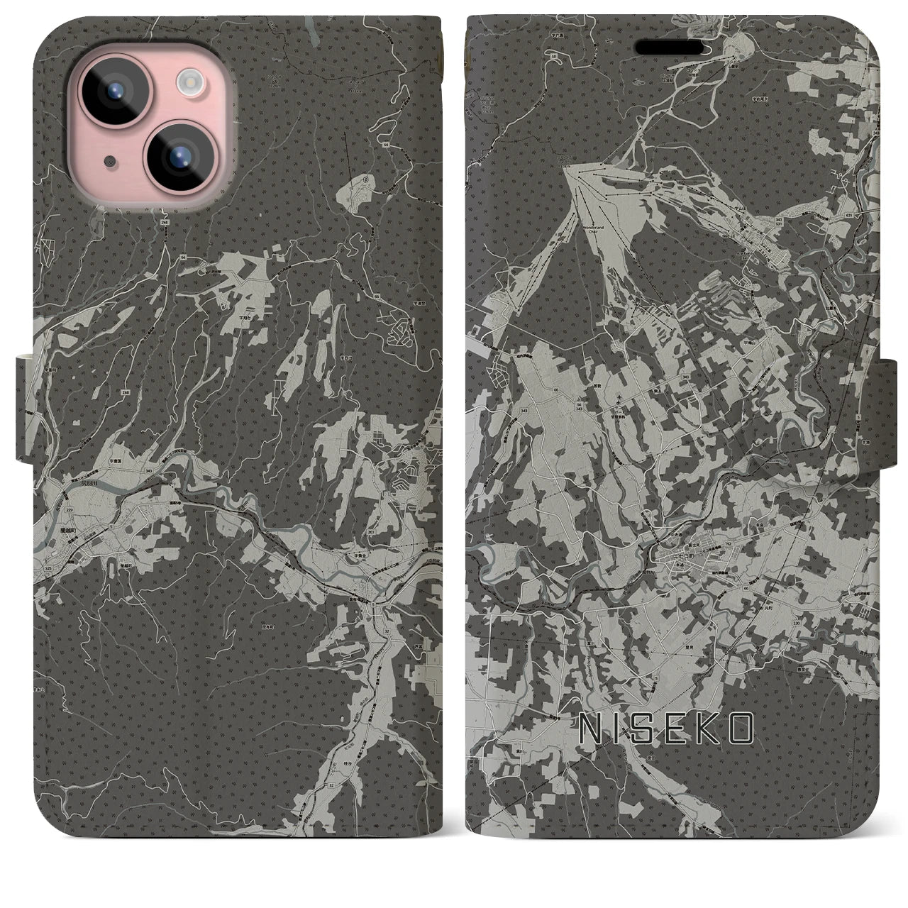 【ニセコ(北海道)】地図柄iPhoneケース(手帳タイプ)モノトーン・iPhone 15 Plus 用