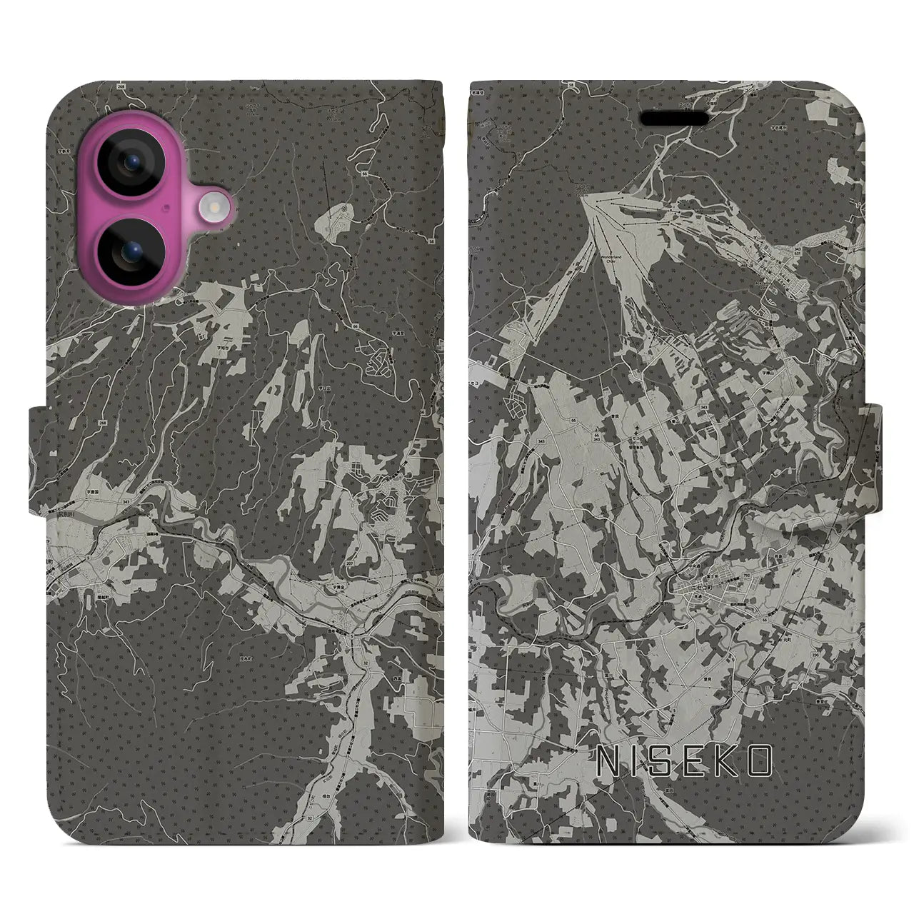 【ニセコ(北海道)】地図柄iPhoneケース(手帳タイプ)モノトーン・iPhone 16 Pro 用