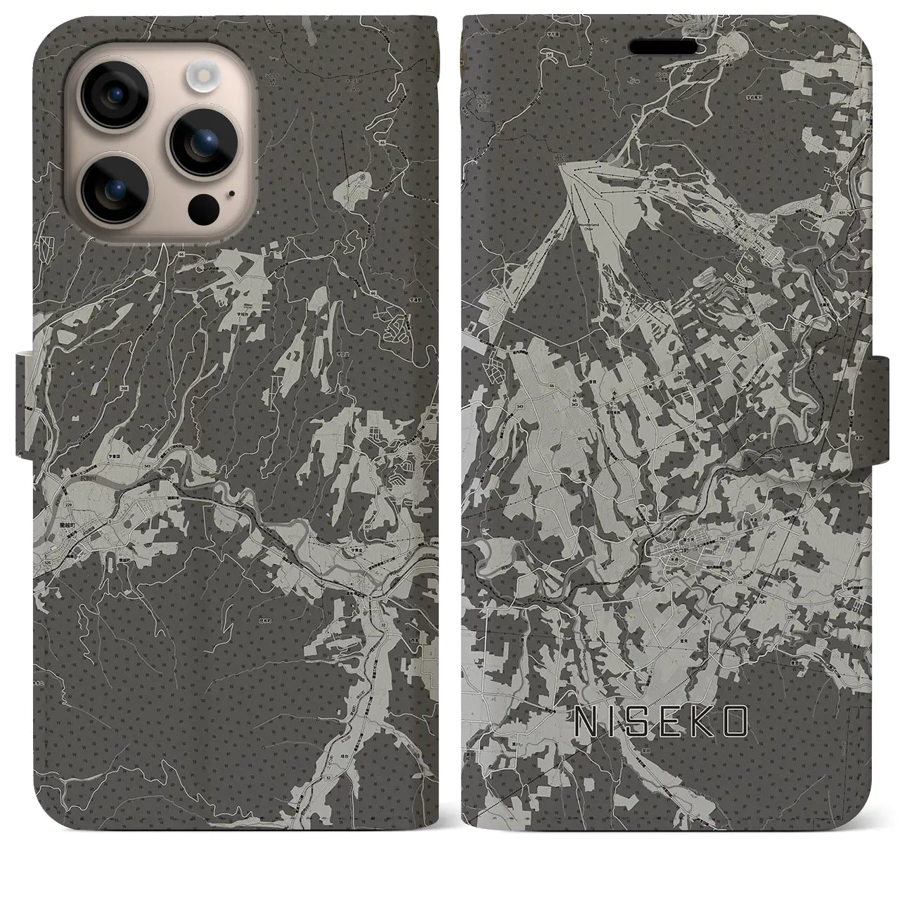 【ニセコ(北海道)】地図柄iPhoneケース(手帳タイプ)モノトーン・iPhone 16 Plus 用