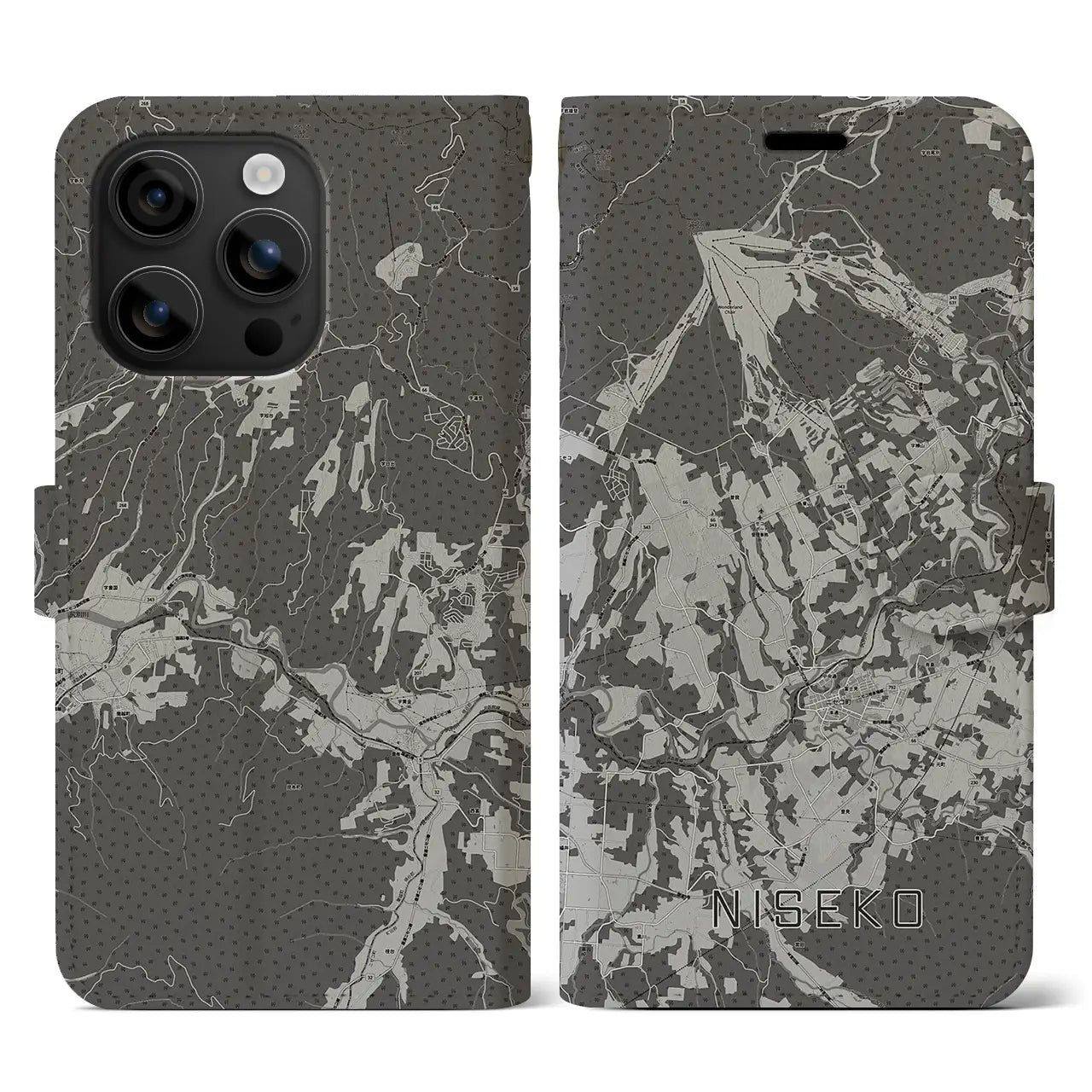 【ニセコ(北海道)】地図柄iPhoneケース(手帳タイプ)モノトーン・iPhone 16 用