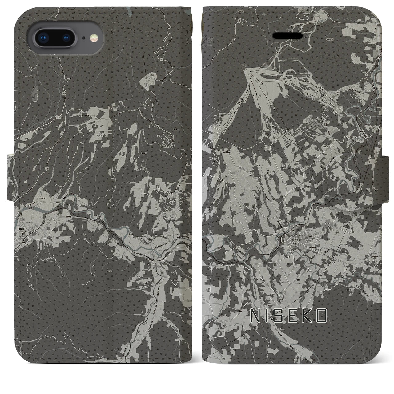 【ニセコ(北海道)】地図柄iPhoneケース(手帳タイプ)モノトーン・iPhone 8Plus /7Plus / 6sPlus / 6Plus 用