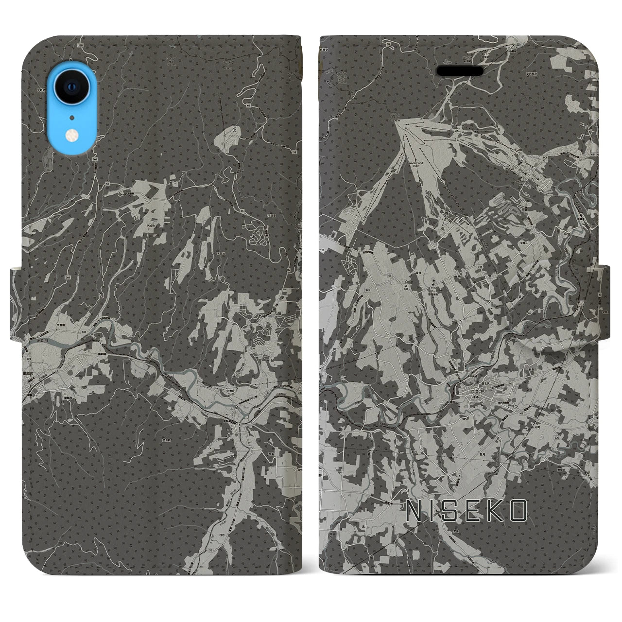 【ニセコ(北海道)】地図柄iPhoneケース(手帳タイプ)モノトーン・iPhone XR 用