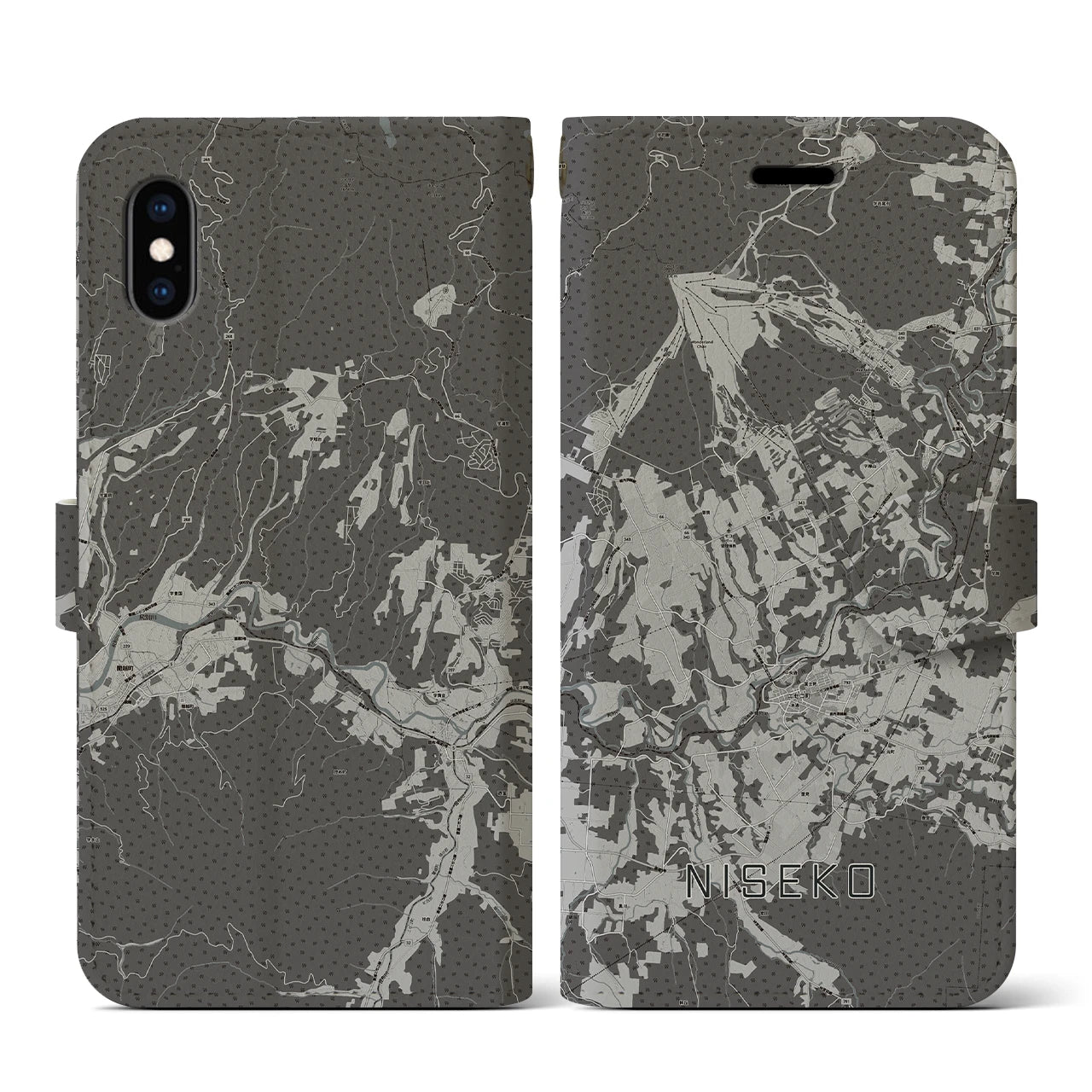 【ニセコ(北海道)】地図柄iPhoneケース(手帳タイプ)モノトーン・iPhone XS / X 用