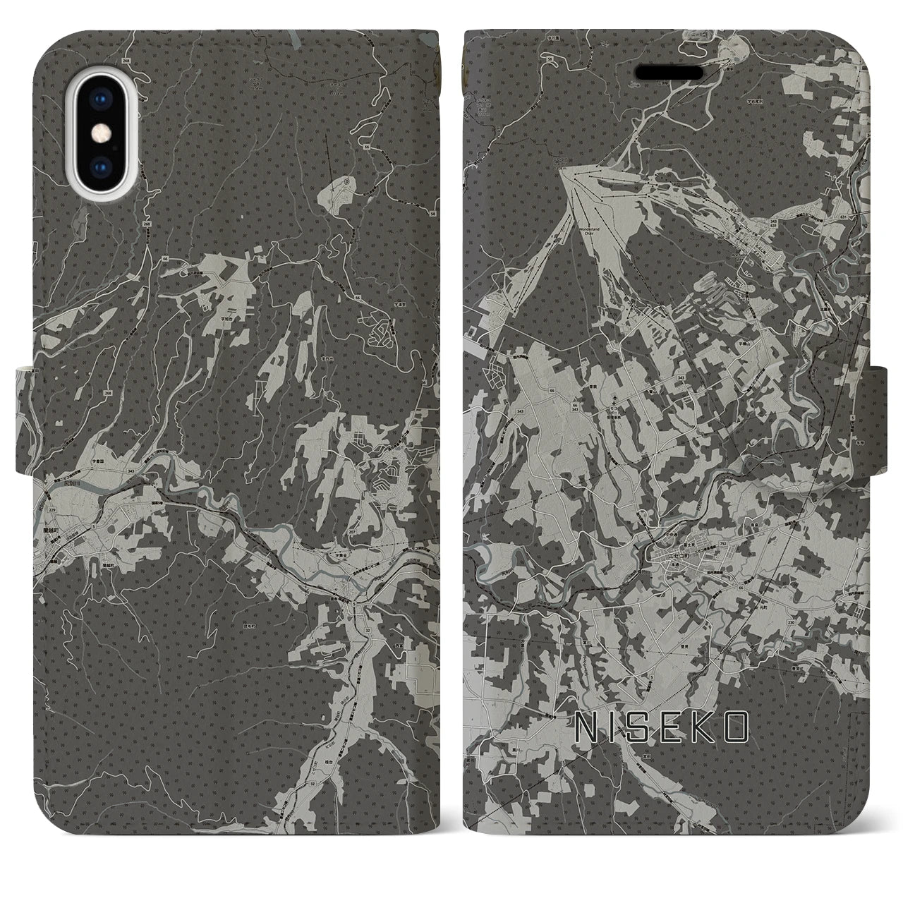 【ニセコ(北海道)】地図柄iPhoneケース(手帳タイプ)モノトーン・iPhone XS Max 用