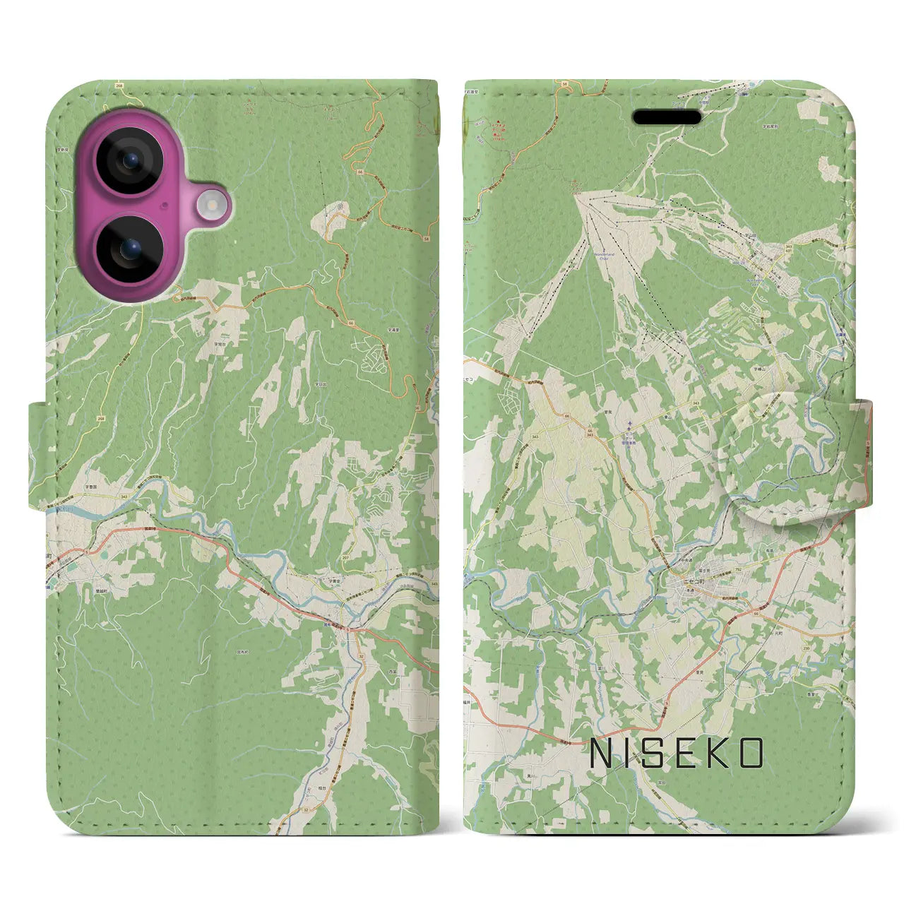 【ニセコ(北海道)】地図柄iPhoneケース(手帳タイプ)ナチュラル・iPhone 16 Pro 用