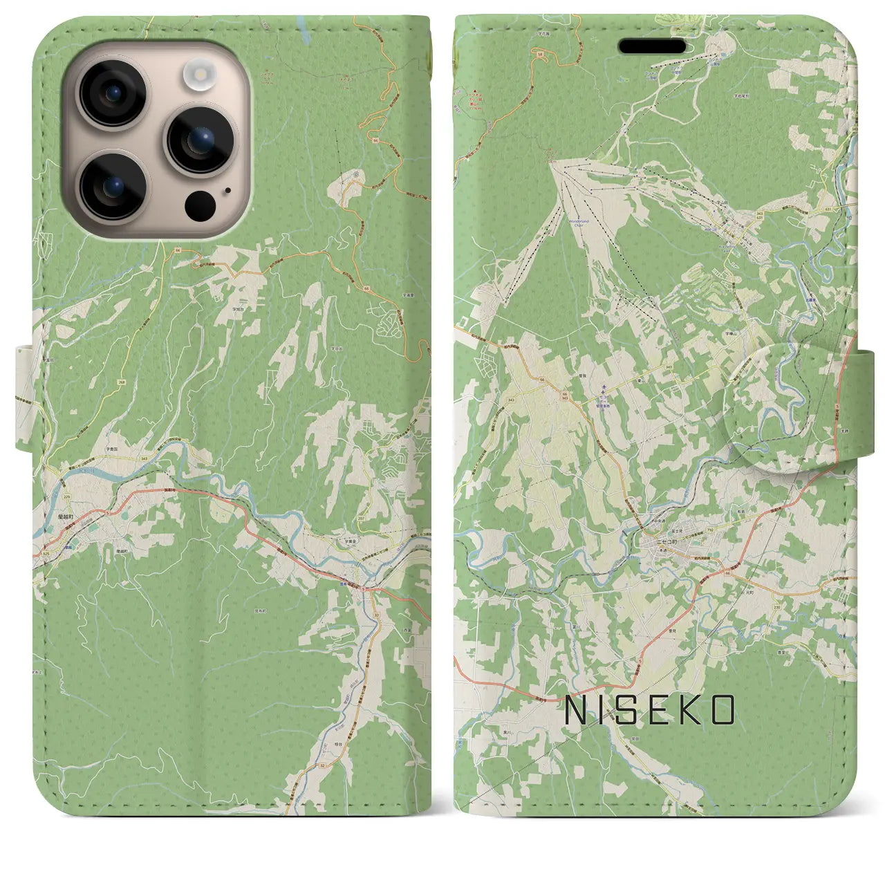 【ニセコ(北海道)】地図柄iPhoneケース(手帳タイプ)ナチュラル・iPhone 16 Plus 用