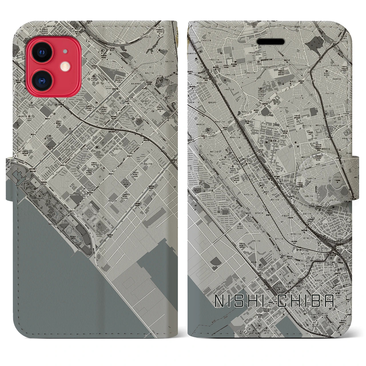 【西千葉(千葉県)】地図柄iPhoneケース(手帳タイプ)モノトーン・iPhone 11 用
