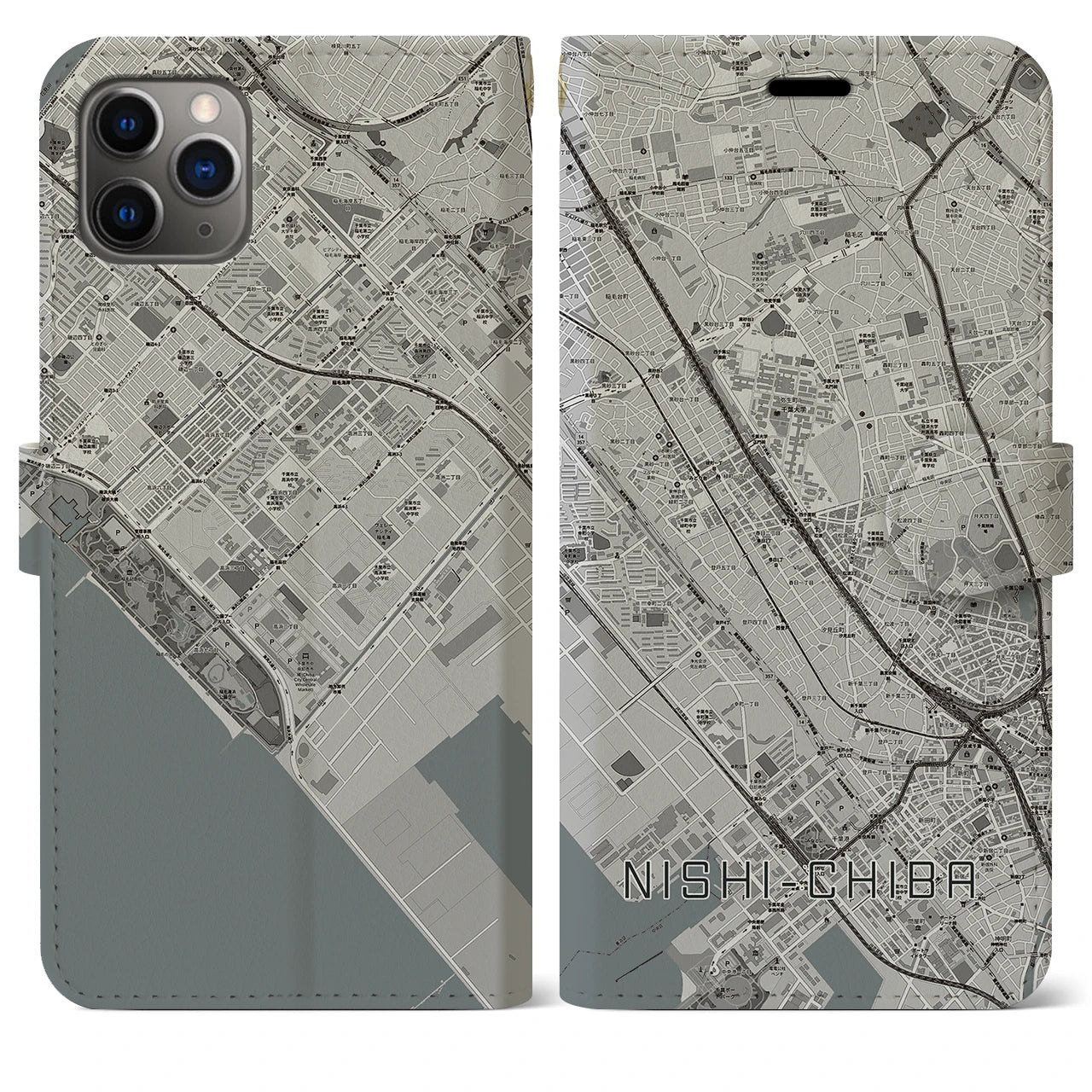 【西千葉(千葉県)】地図柄iPhoneケース(手帳タイプ)モノトーン・iPhone 11 Pro Max 用