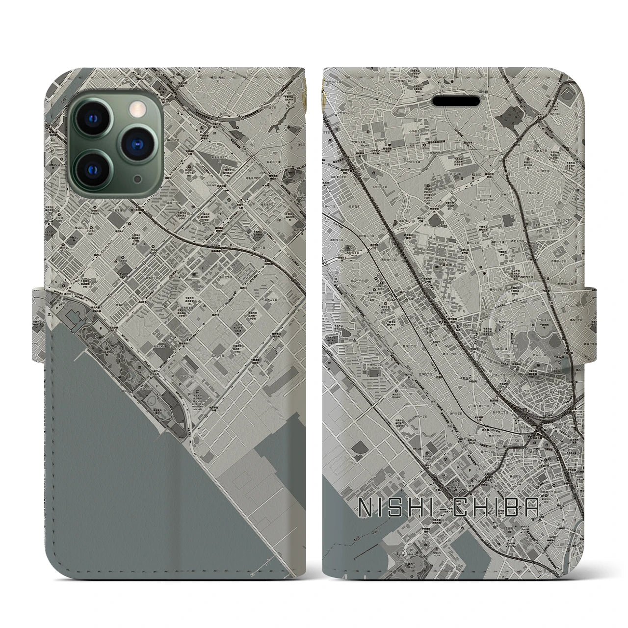 【西千葉(千葉県)】地図柄iPhoneケース(手帳タイプ)モノトーン・iPhone 11 Pro 用