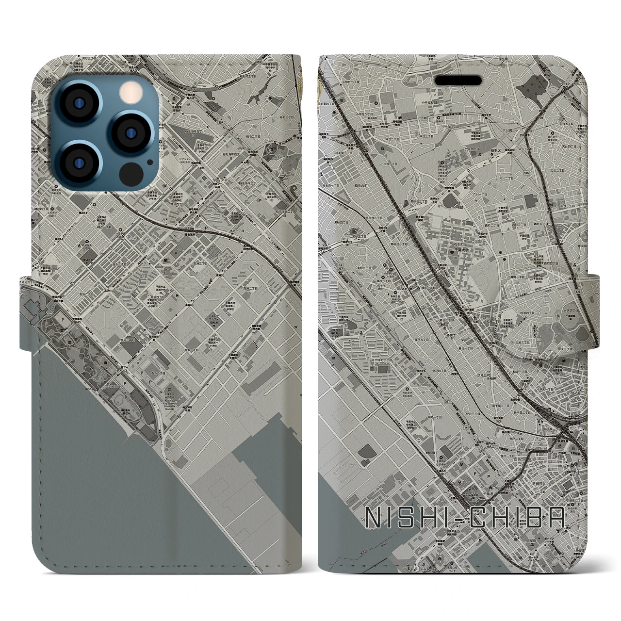 【西千葉(千葉県)】地図柄iPhoneケース(手帳タイプ)モノトーン・iPhone 12 / 12 Pro 用