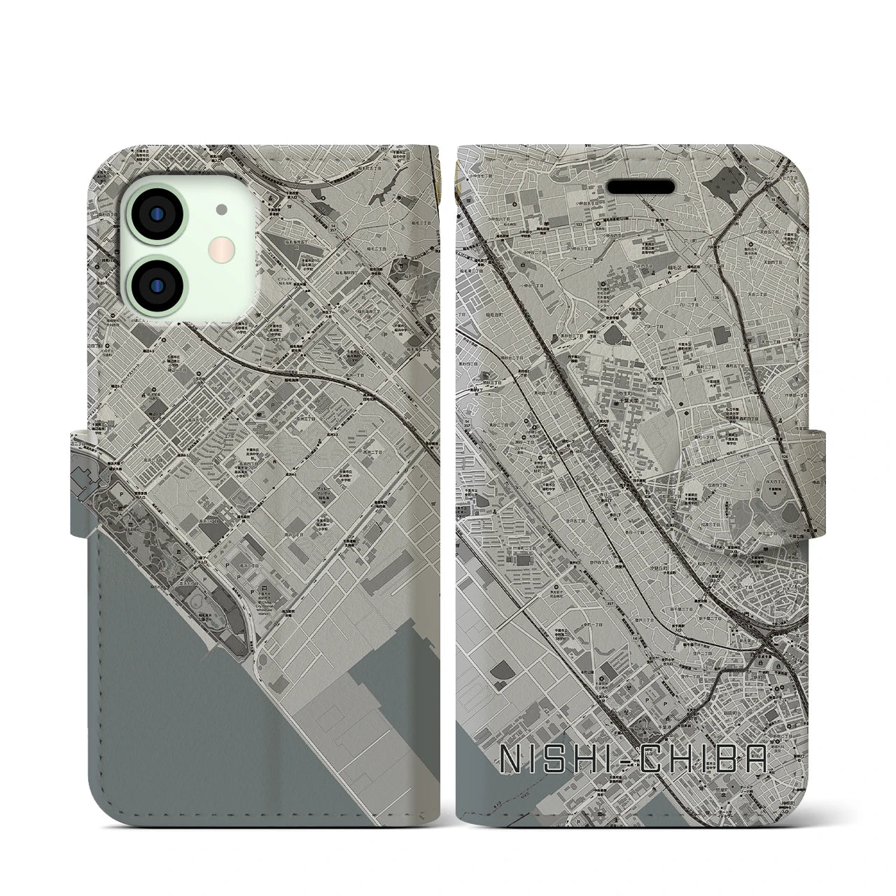 【西千葉(千葉県)】地図柄iPhoneケース(手帳タイプ)モノトーン・iPhone 12 mini 用