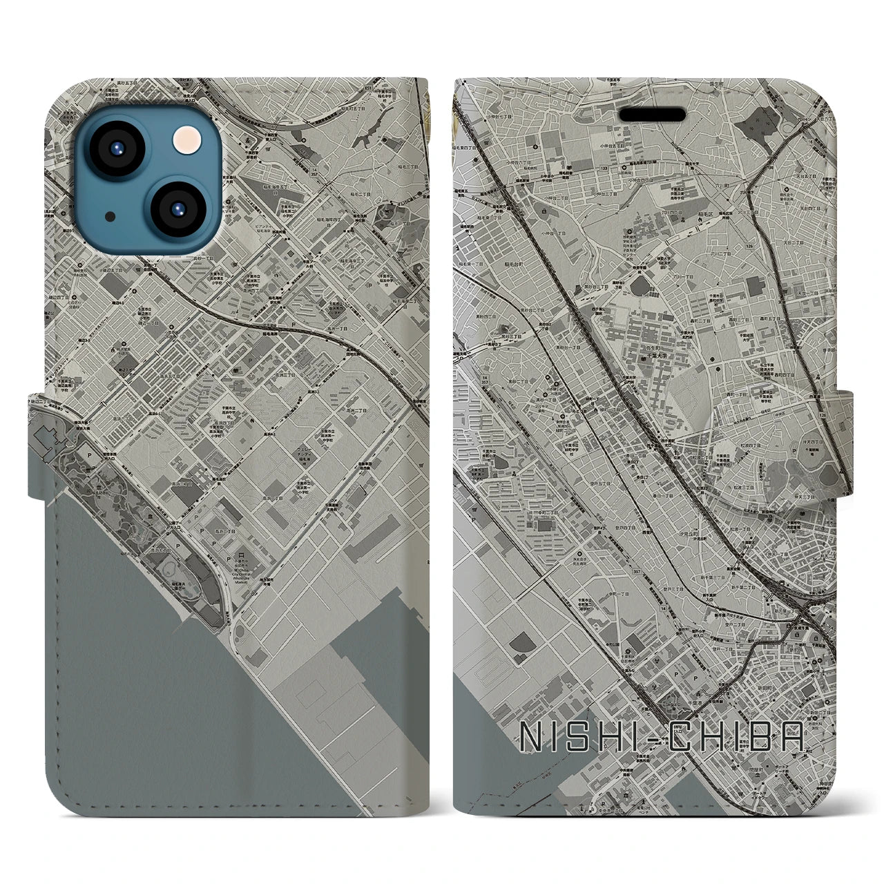 【西千葉(千葉県)】地図柄iPhoneケース(手帳タイプ)モノトーン・iPhone 13 用