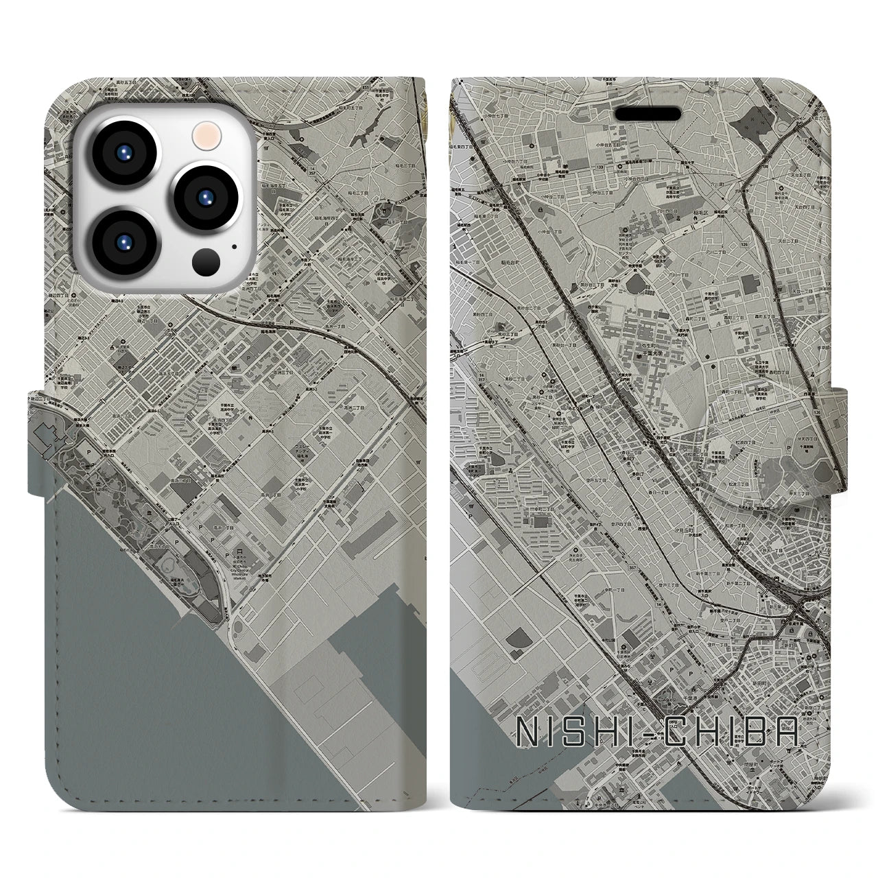 【西千葉(千葉県)】地図柄iPhoneケース(手帳タイプ)モノトーン・iPhone 13 Pro 用