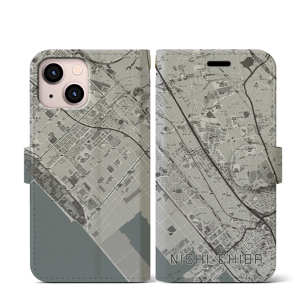 【西千葉(千葉県)】地図柄iPhoneケース(手帳タイプ)モノトーン・iPhone 13 mini 用