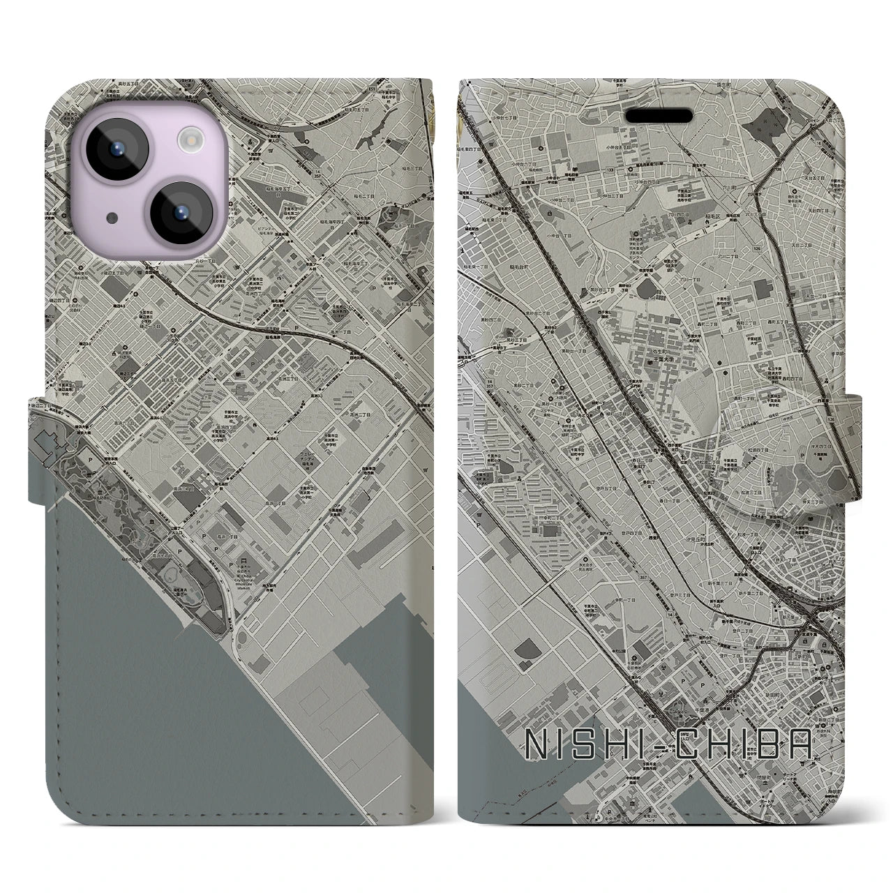 【西千葉(千葉県)】地図柄iPhoneケース(手帳タイプ)モノトーン・iPhone 14 用