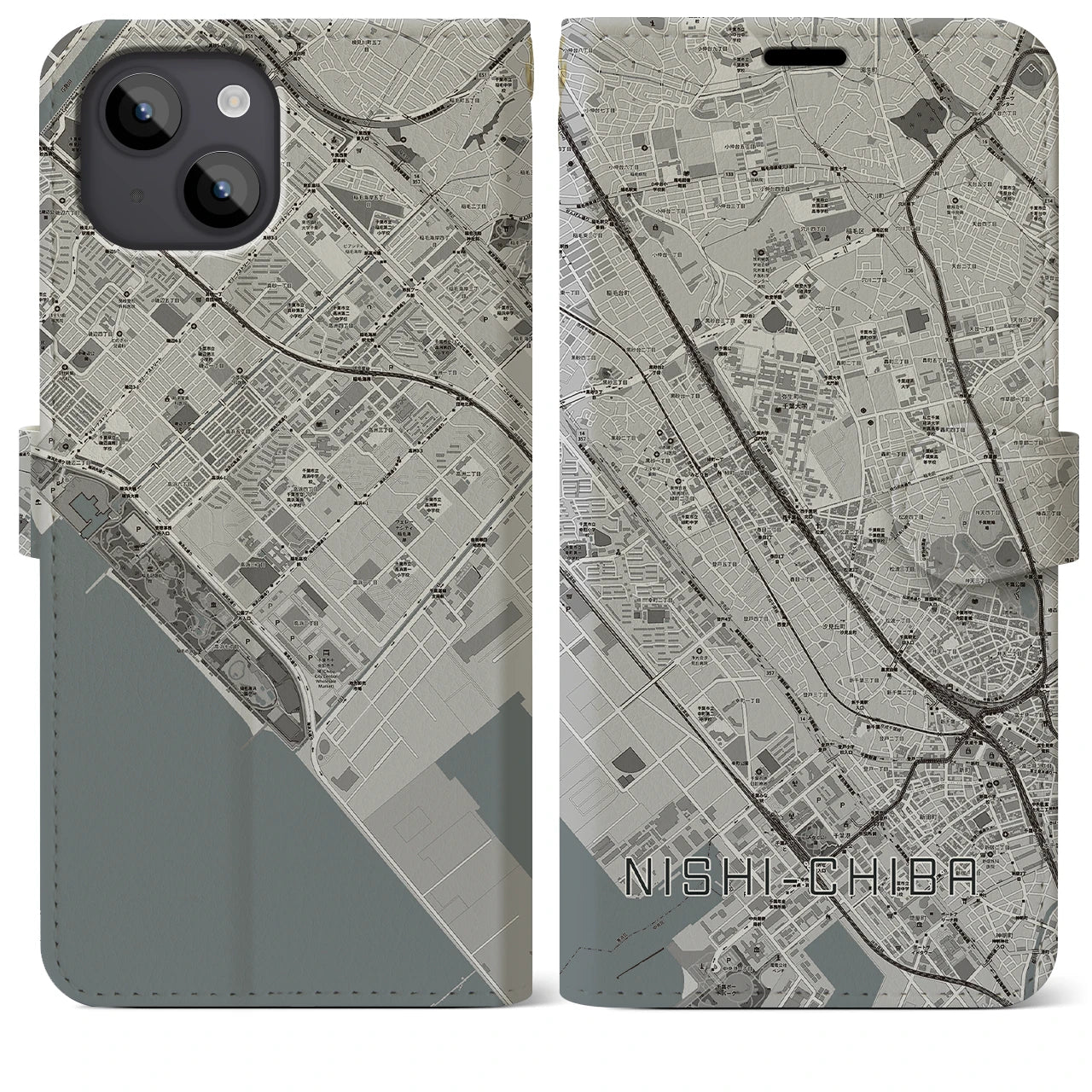 【西千葉(千葉県)】地図柄iPhoneケース(手帳タイプ)モノトーン・iPhone 14 Plus 用
