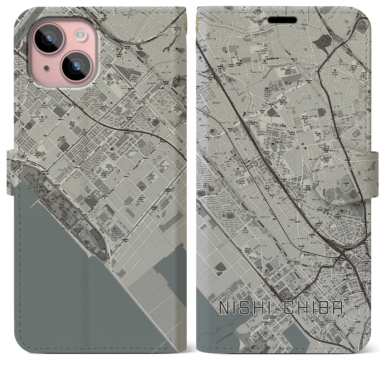 【西千葉(千葉県)】地図柄iPhoneケース(手帳タイプ)モノトーン・iPhone 15 Plus 用