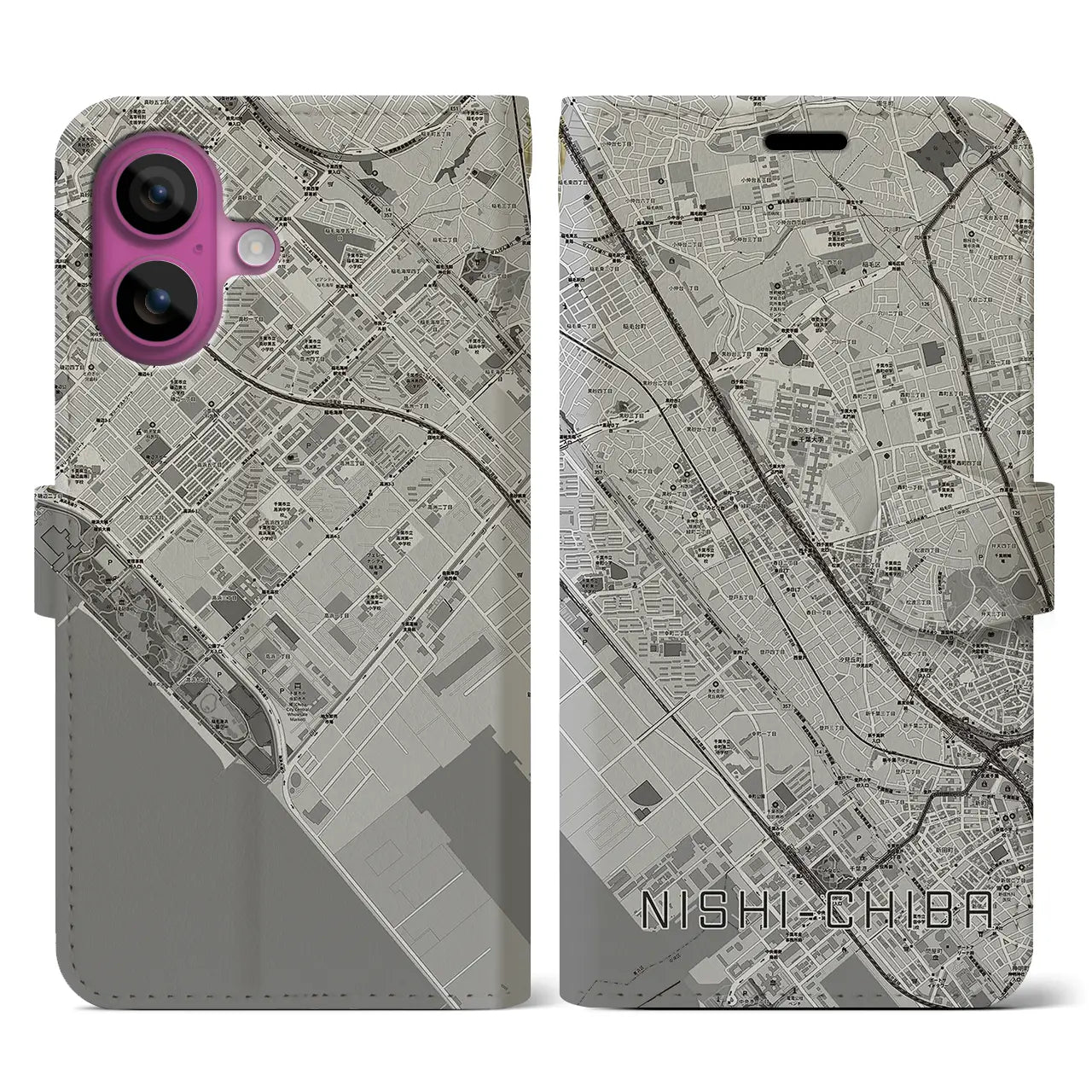 【西千葉(千葉県)】地図柄iPhoneケース(手帳タイプ)モノトーン・iPhone 16 Pro 用