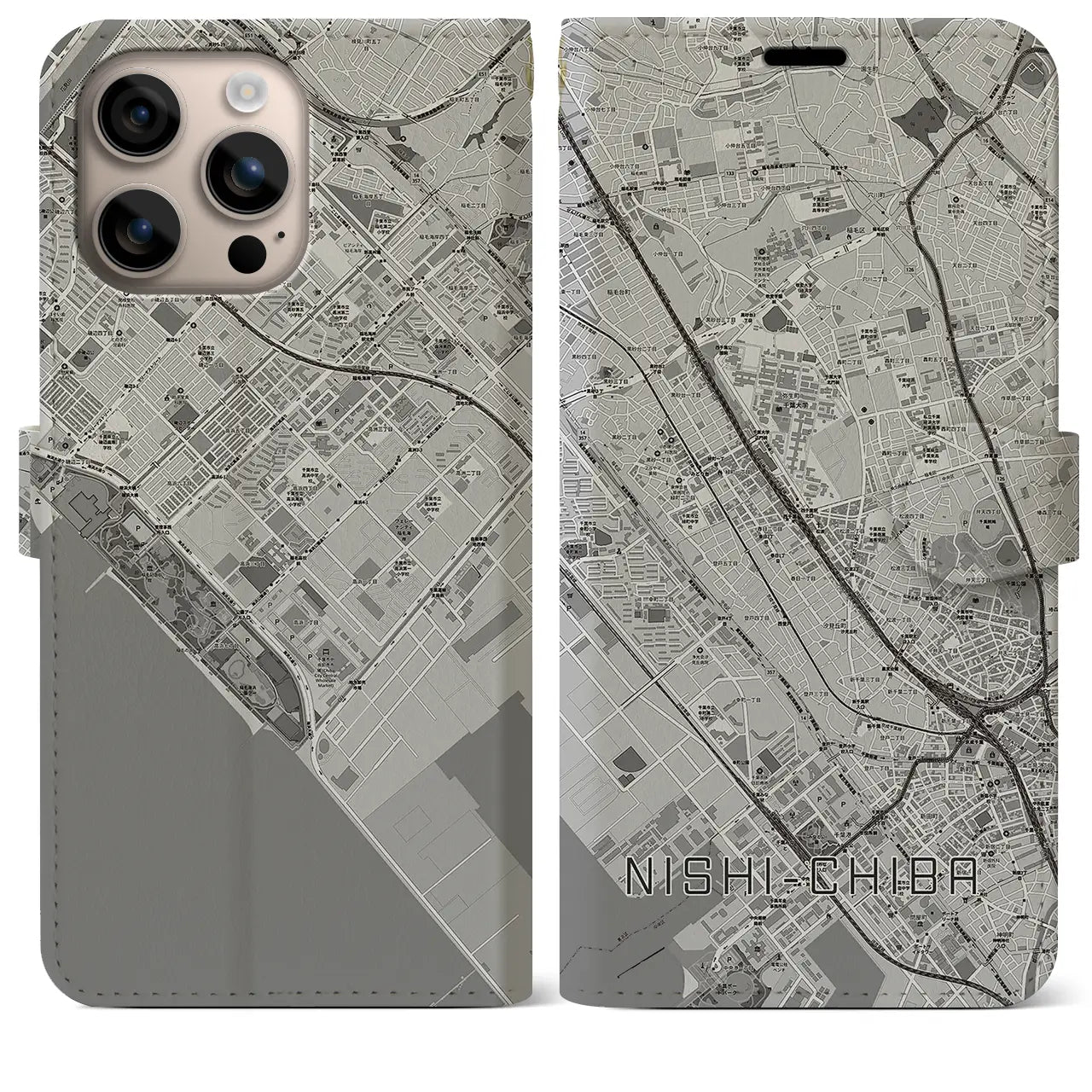 【西千葉(千葉県)】地図柄iPhoneケース(手帳タイプ)モノトーン・iPhone 16 Plus 用