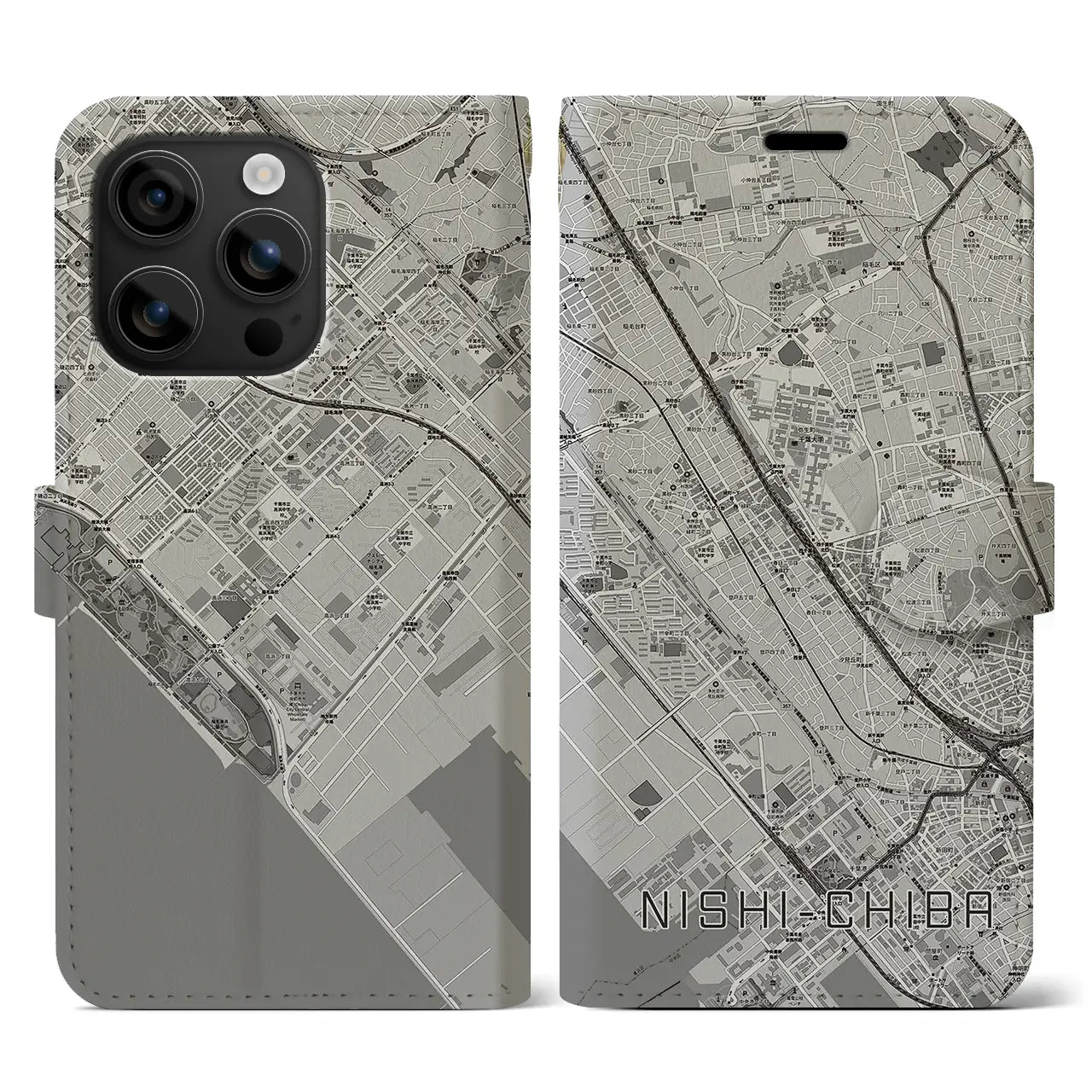 【西千葉(千葉県)】地図柄iPhoneケース(手帳タイプ)モノトーン・iPhone 16 用