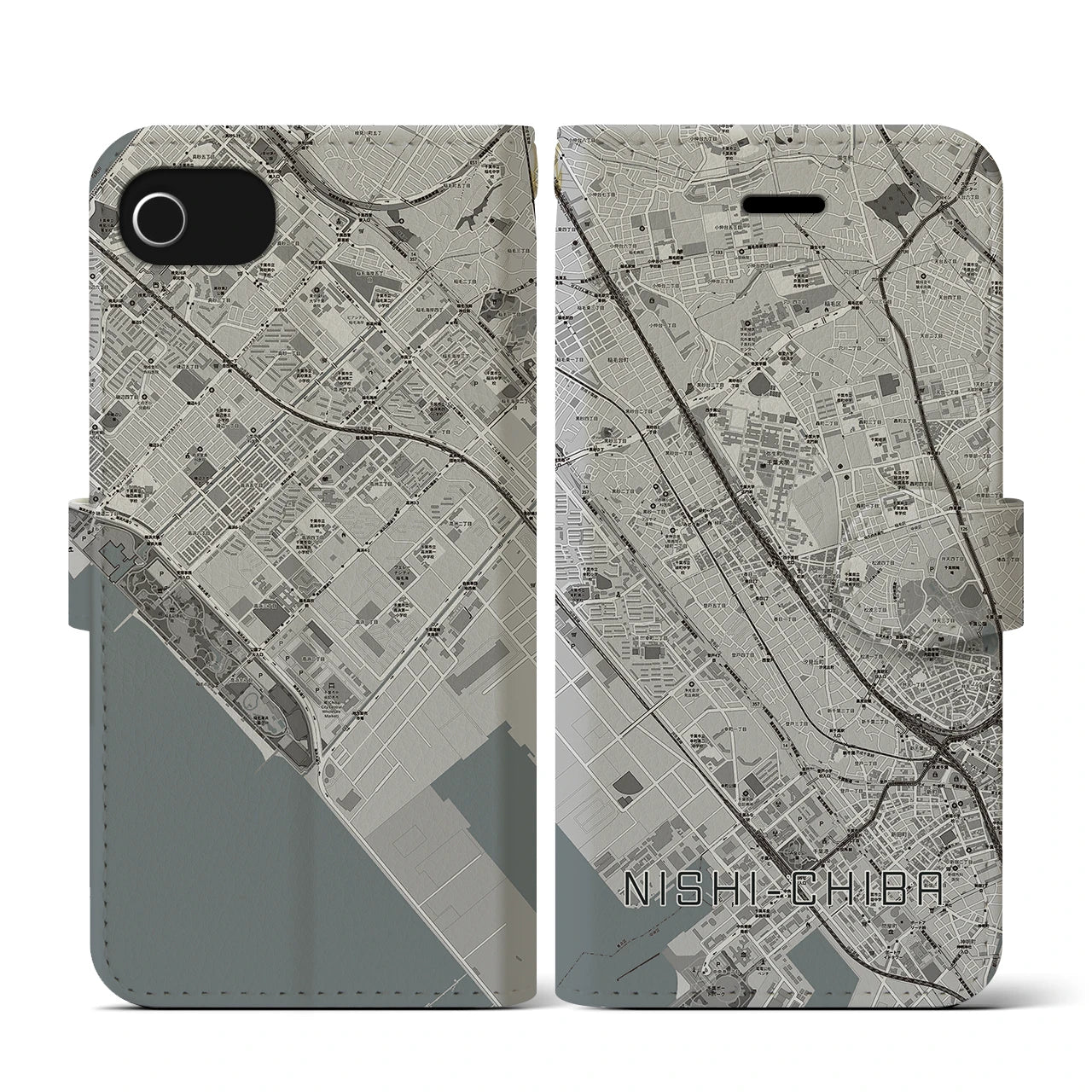 【西千葉(千葉県)】地図柄iPhoneケース(手帳タイプ)モノトーン・iPhone SE(第3 / 第2世代) / 8 / 7 / 6s / 6 用