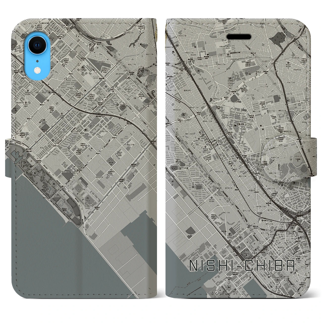 【西千葉(千葉県)】地図柄iPhoneケース(手帳タイプ)モノトーン・iPhone XR 用