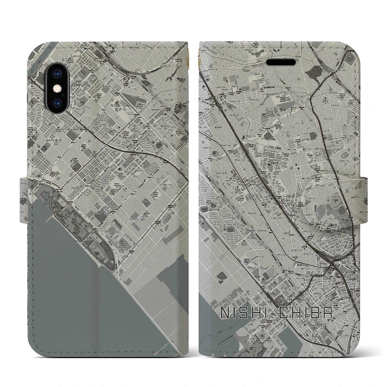 【西千葉(千葉県)】地図柄iPhoneケース(手帳タイプ)モノトーン・iPhone XS / X 用