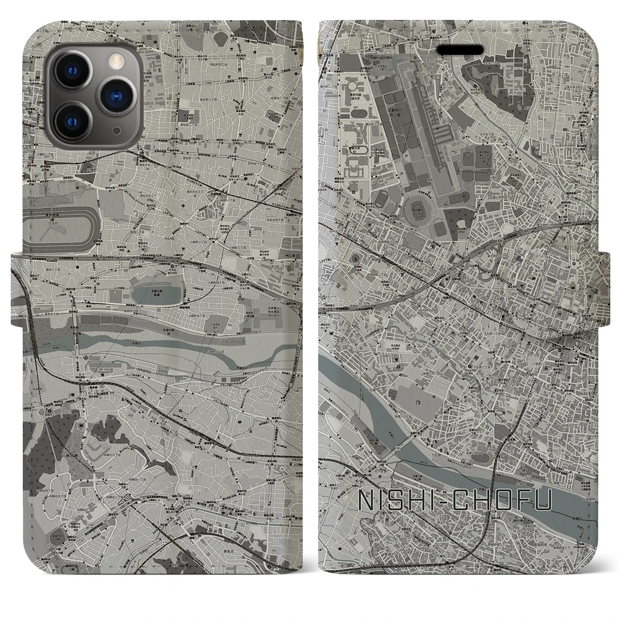 【西調布(東京都)】地図柄iPhoneケース(手帳タイプ)モノトーン・iPhone 11 Pro Max 用