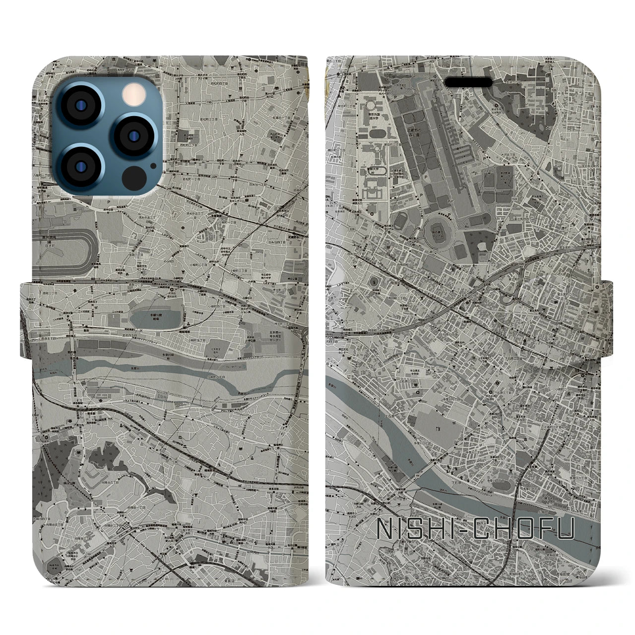 【西調布(東京都)】地図柄iPhoneケース(手帳タイプ)モノトーン・iPhone 12 / 12 Pro 用