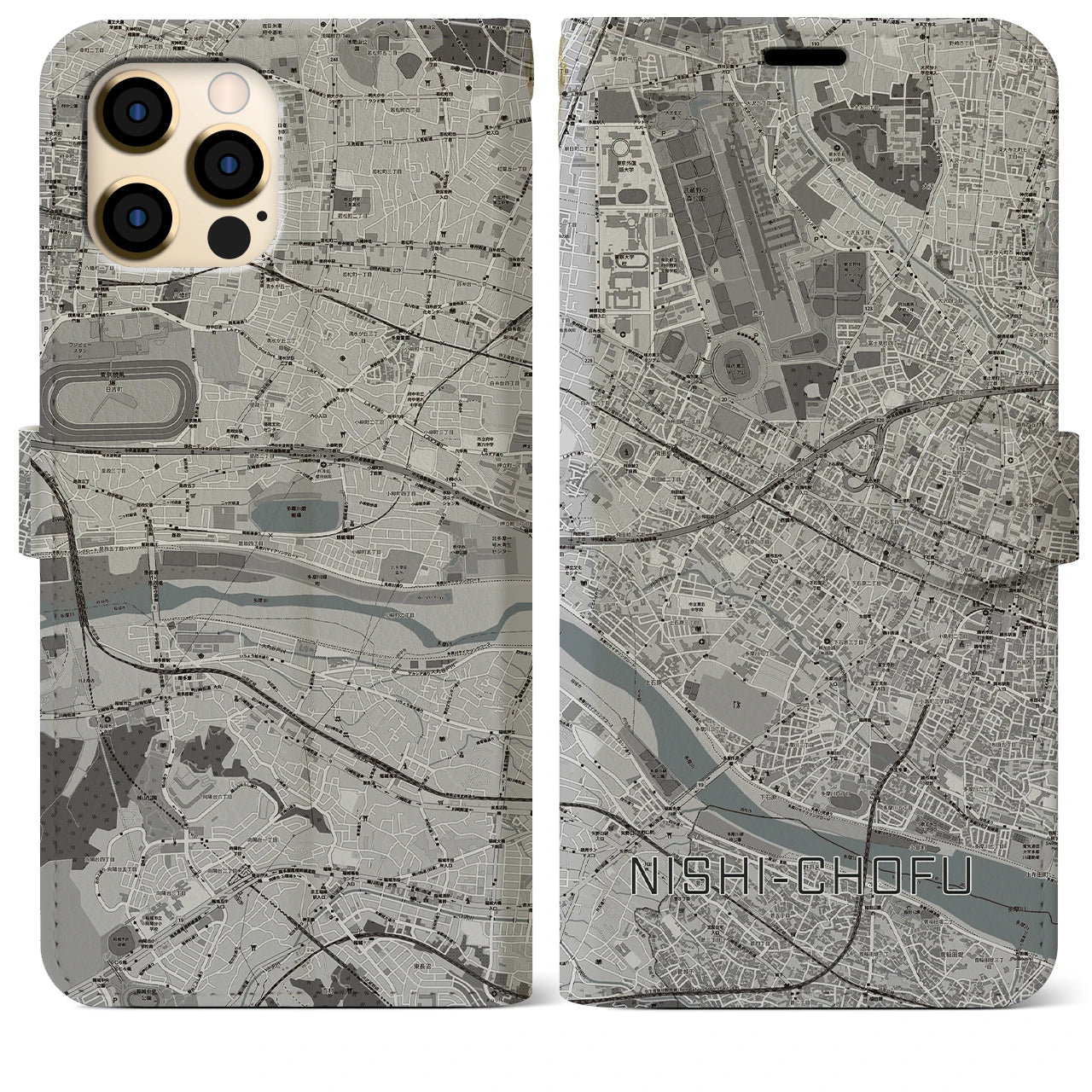 【西調布(東京都)】地図柄iPhoneケース(手帳タイプ)モノトーン・iPhone 12 Pro Max 用