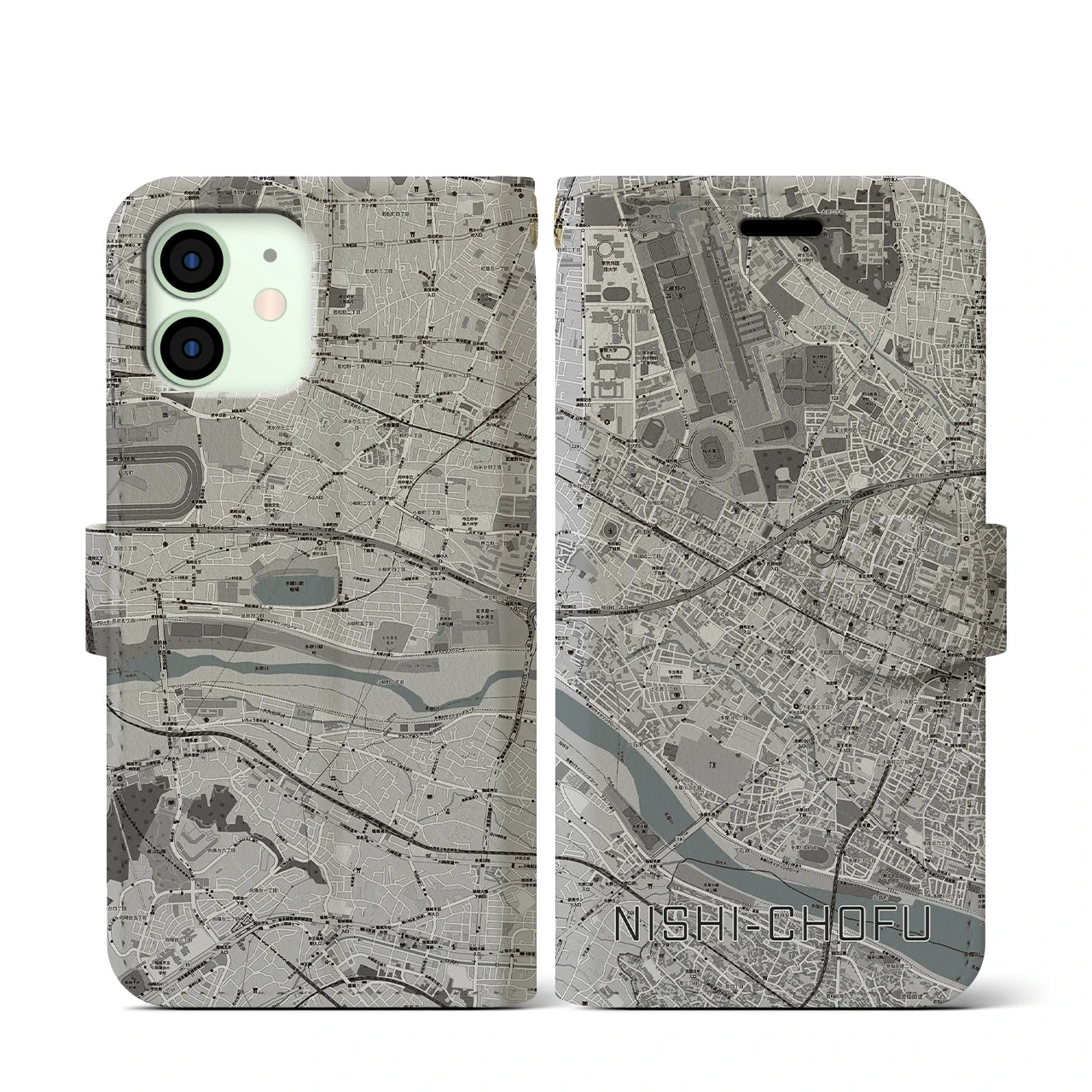 【西調布(東京都)】地図柄iPhoneケース(手帳タイプ)モノトーン・iPhone 12 mini 用
