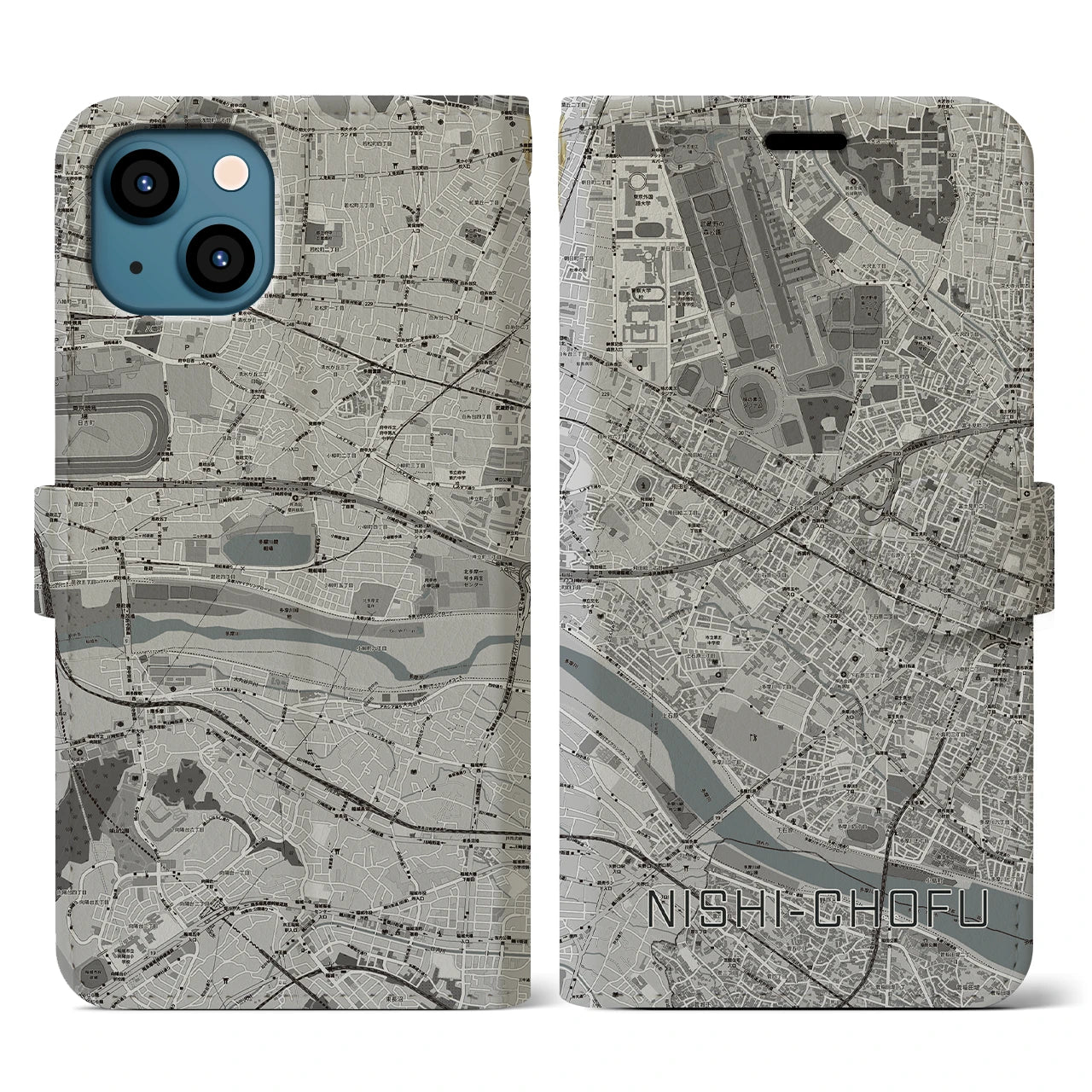 【西調布(東京都)】地図柄iPhoneケース(手帳タイプ)モノトーン・iPhone 13 用