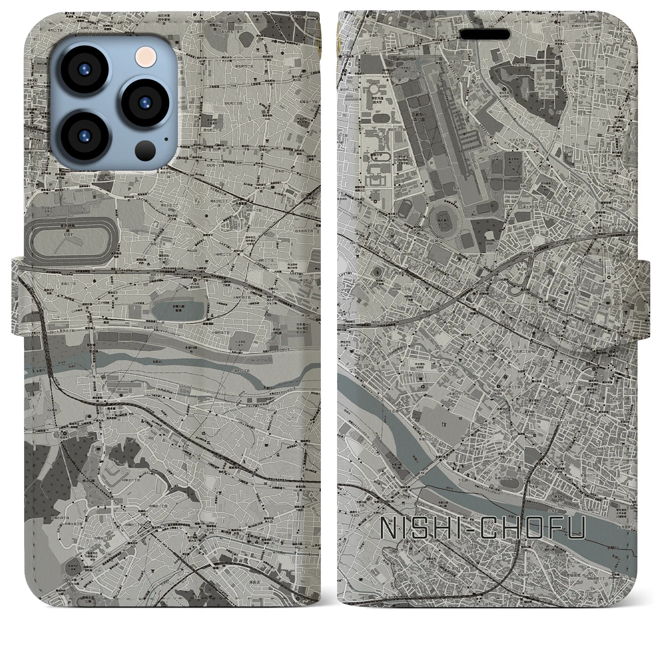 【西調布(東京都)】地図柄iPhoneケース(手帳タイプ)モノトーン・iPhone 13 Pro Max 用