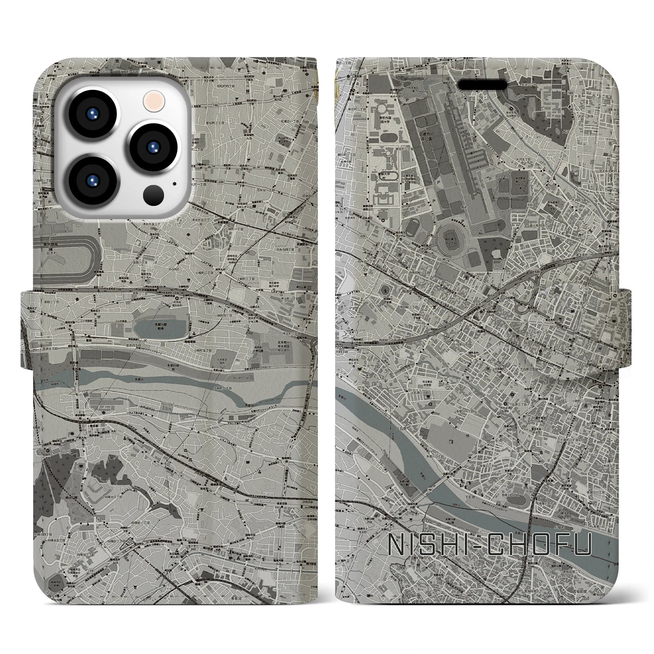【西調布(東京都)】地図柄iPhoneケース(手帳タイプ)モノトーン・iPhone 13 Pro 用