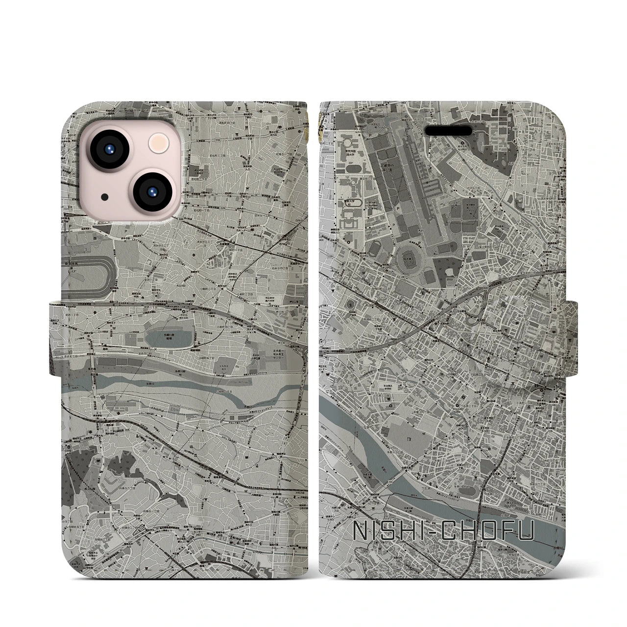 【西調布(東京都)】地図柄iPhoneケース(手帳タイプ)モノトーン・iPhone 13 mini 用