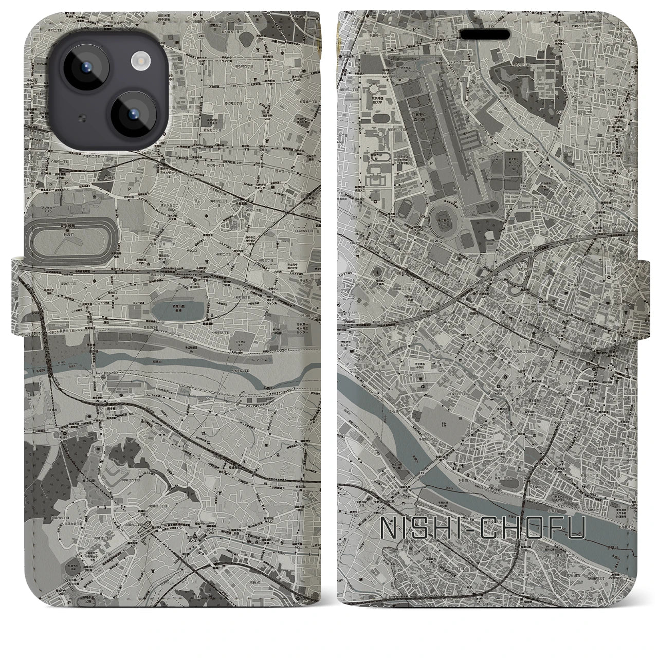 【西調布(東京都)】地図柄iPhoneケース(手帳タイプ)モノトーン・iPhone 14 Plus 用