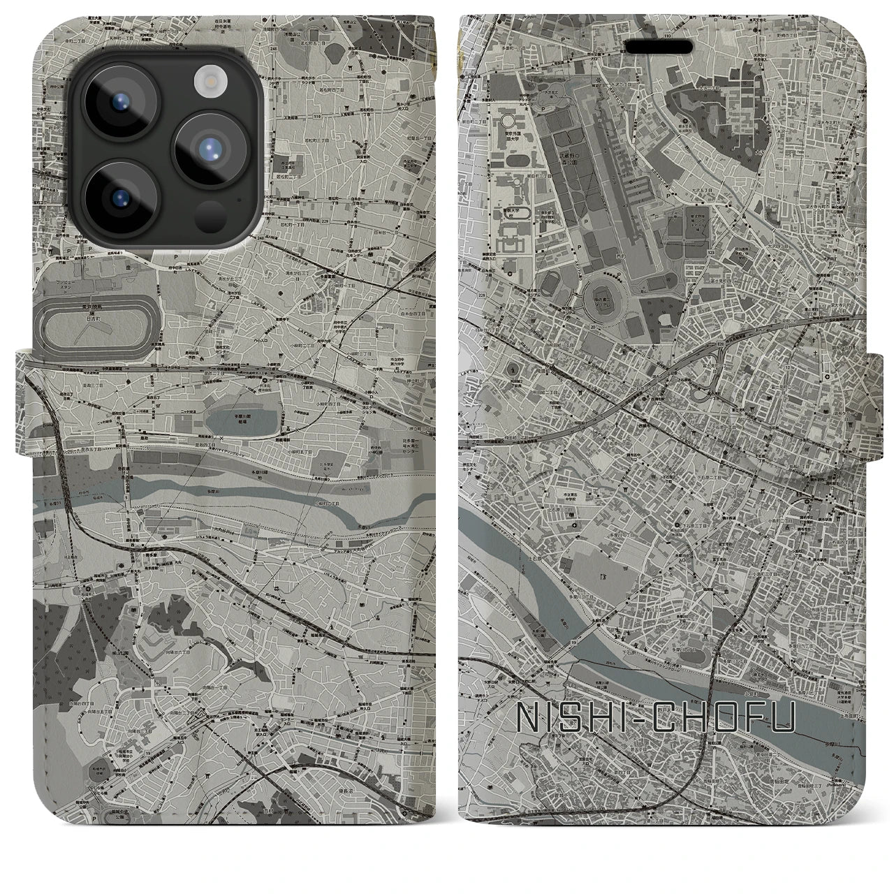 【西調布(東京都)】地図柄iPhoneケース(手帳タイプ)モノトーン・iPhone 15 Pro Max 用