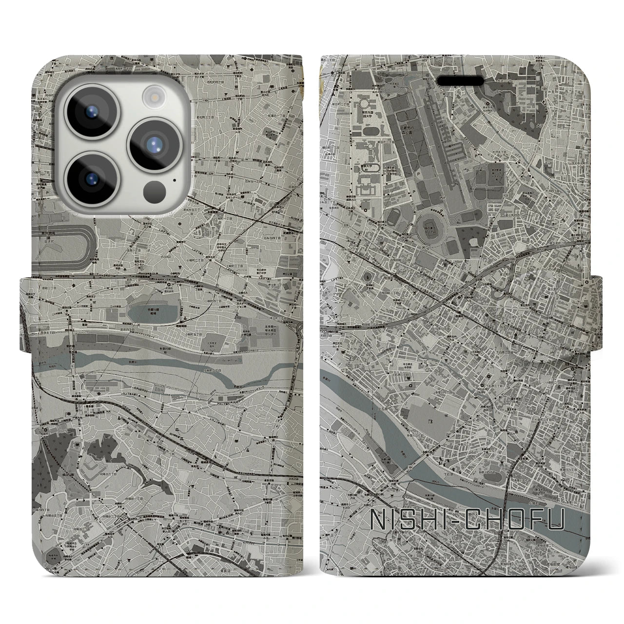 【西調布(東京都)】地図柄iPhoneケース(手帳タイプ)モノトーン・iPhone 15 Pro 用