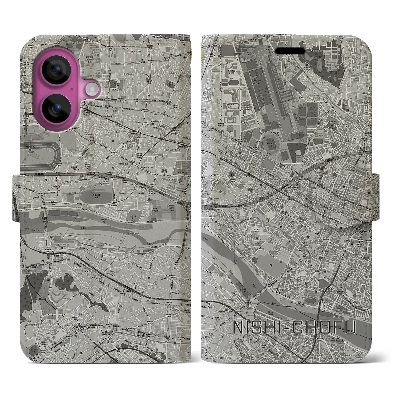 【西調布(東京都)】地図柄iPhoneケース(手帳タイプ)モノトーン・iPhone 16 Pro 用