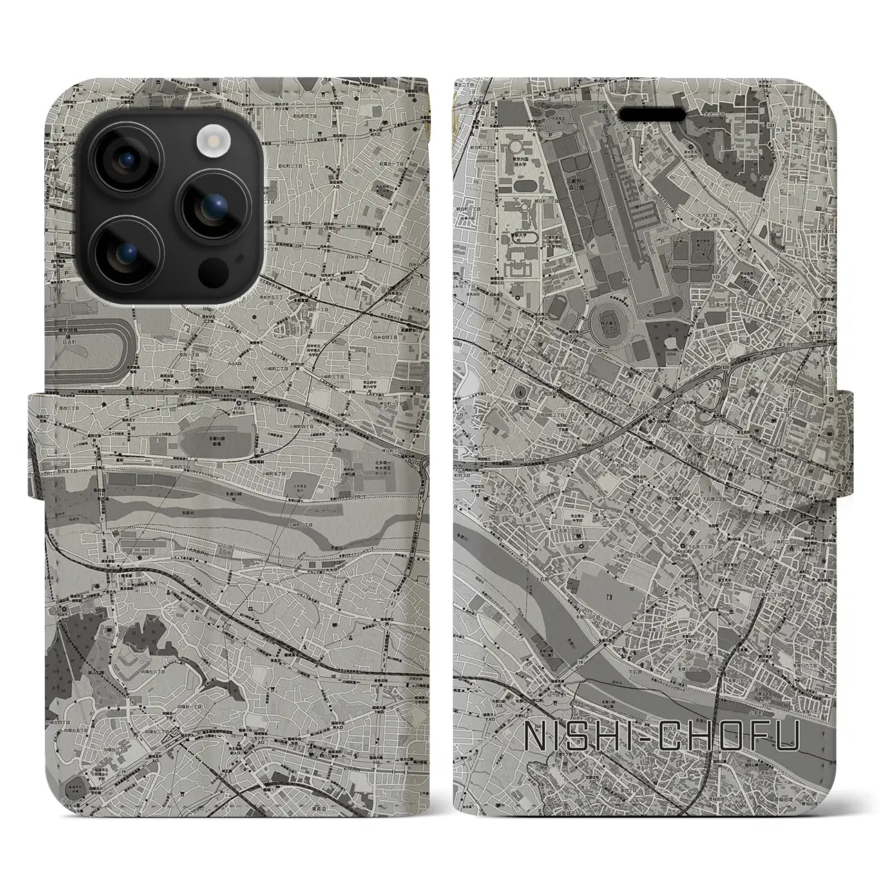 【西調布(東京都)】地図柄iPhoneケース(手帳タイプ)モノトーン・iPhone 16 用