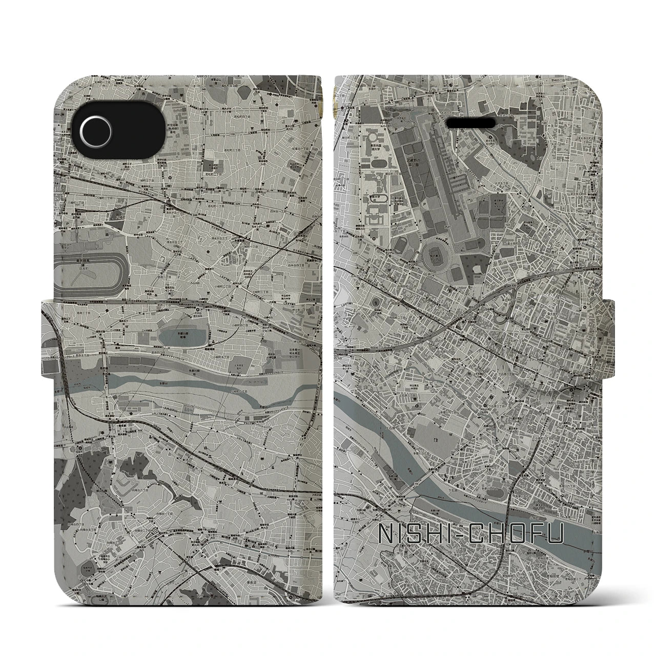 【西調布(東京都)】地図柄iPhoneケース(手帳タイプ)モノトーン・iPhone SE(第3 / 第2世代) / 8 / 7 / 6s / 6 用