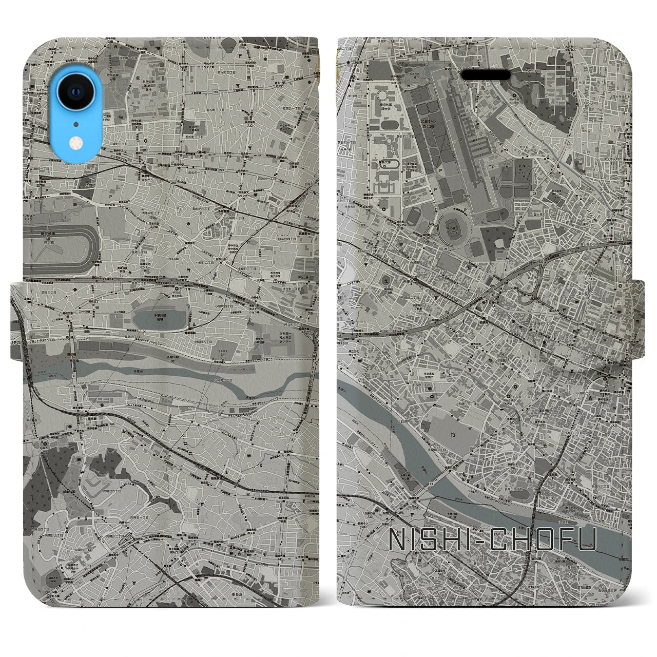 【西調布(東京都)】地図柄iPhoneケース(手帳タイプ)モノトーン・iPhone XR 用