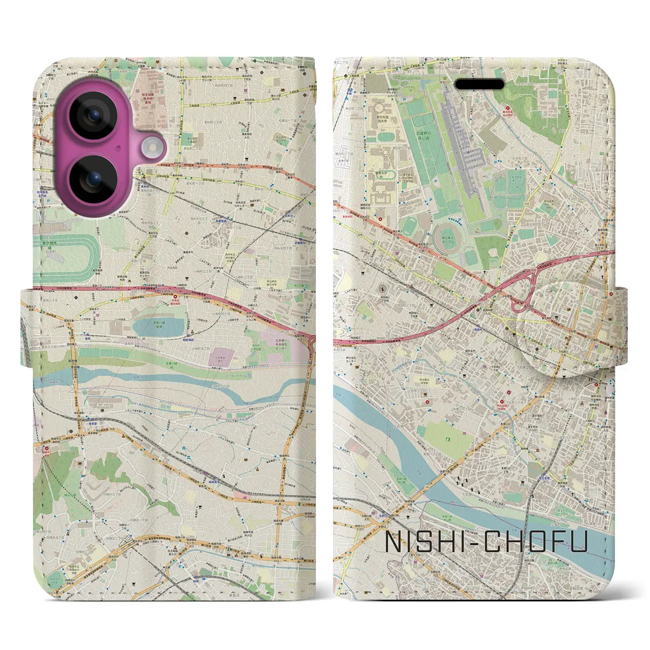 【西調布(東京都)】地図柄iPhoneケース(手帳タイプ)ナチュラル・iPhone 16 Pro 用