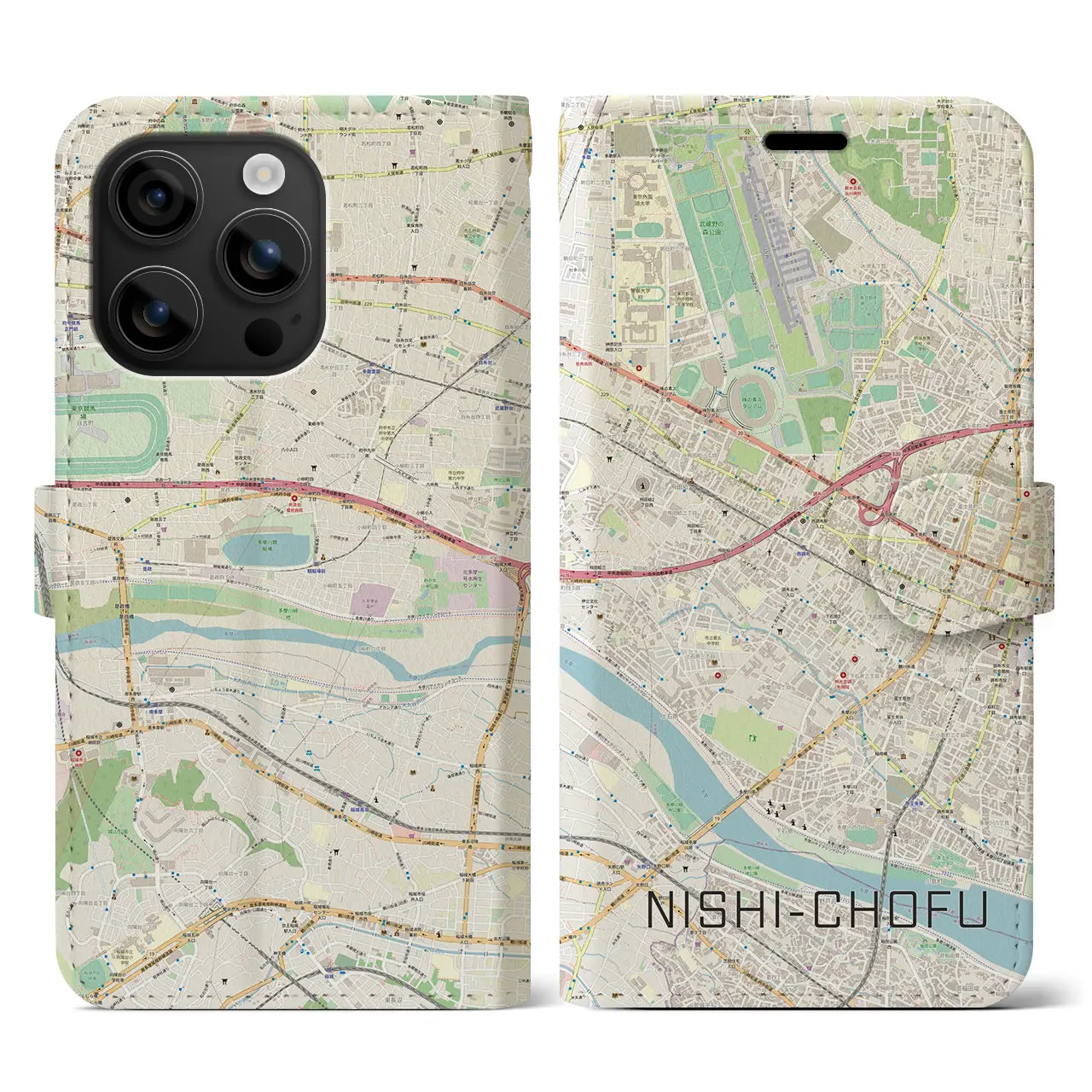 【西調布(東京都)】地図柄iPhoneケース(手帳タイプ)ナチュラル・iPhone 16 用