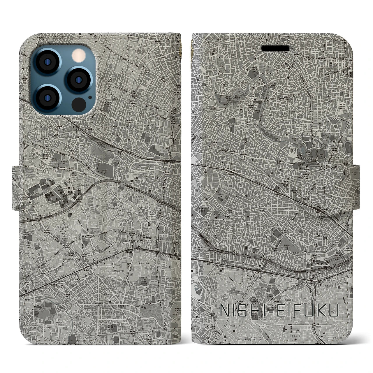 【西永福(東京都)】地図柄iPhoneケース(手帳タイプ)モノトーン・iPhone 12 / 12 Pro 用