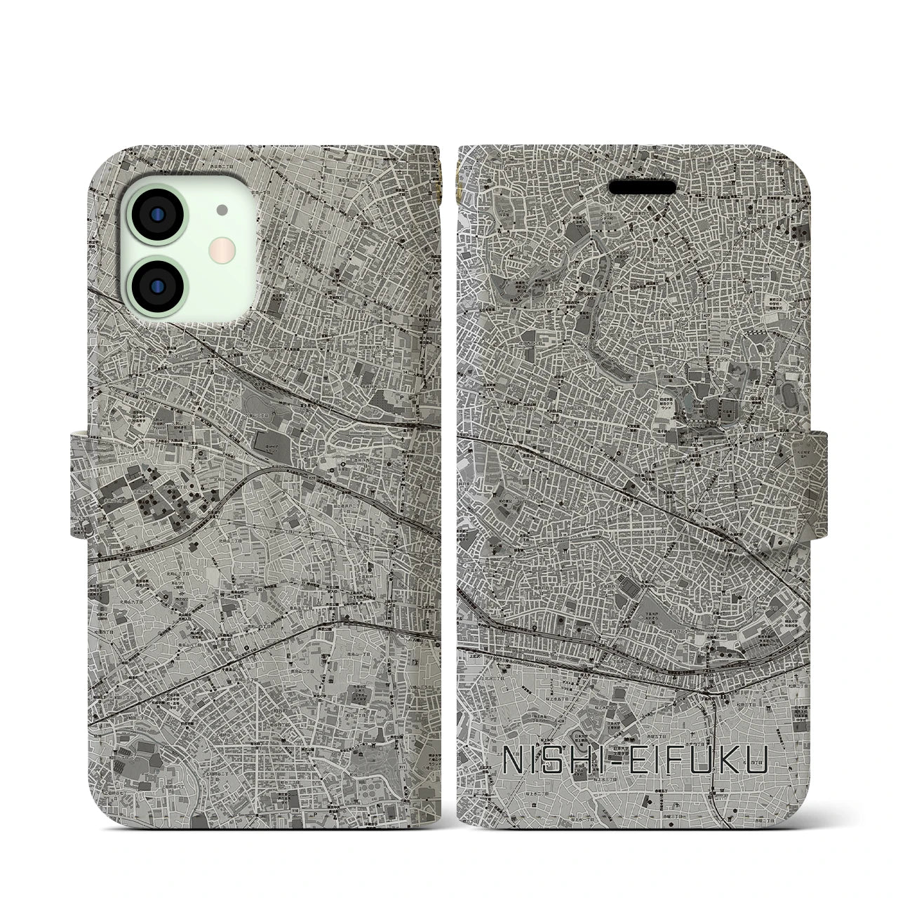 【西永福(東京都)】地図柄iPhoneケース(手帳タイプ)モノトーン・iPhone 12 mini 用