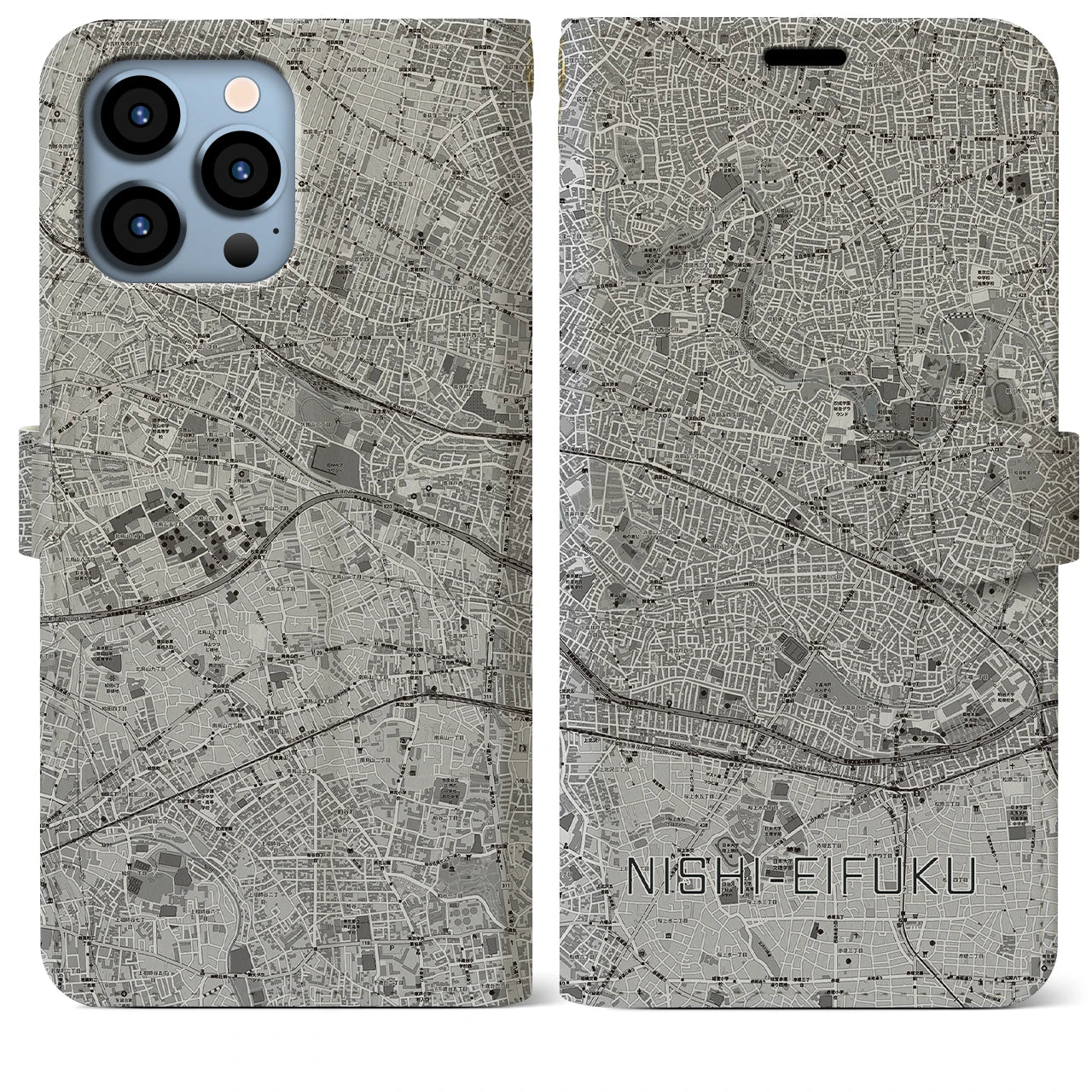 【西永福(東京都)】地図柄iPhoneケース(手帳タイプ)モノトーン・iPhone 13 Pro Max 用