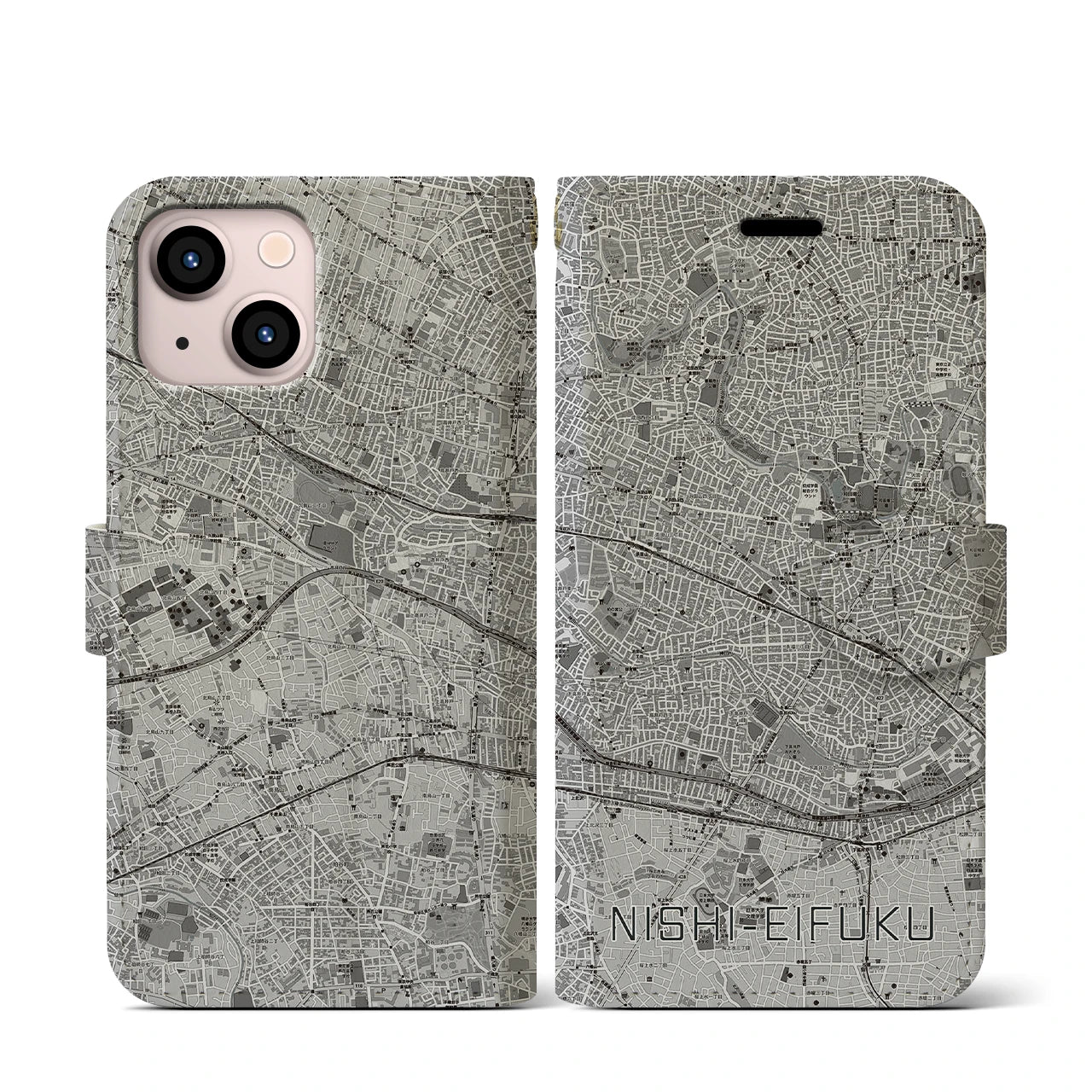 【西永福(東京都)】地図柄iPhoneケース(手帳タイプ)モノトーン・iPhone 13 mini 用