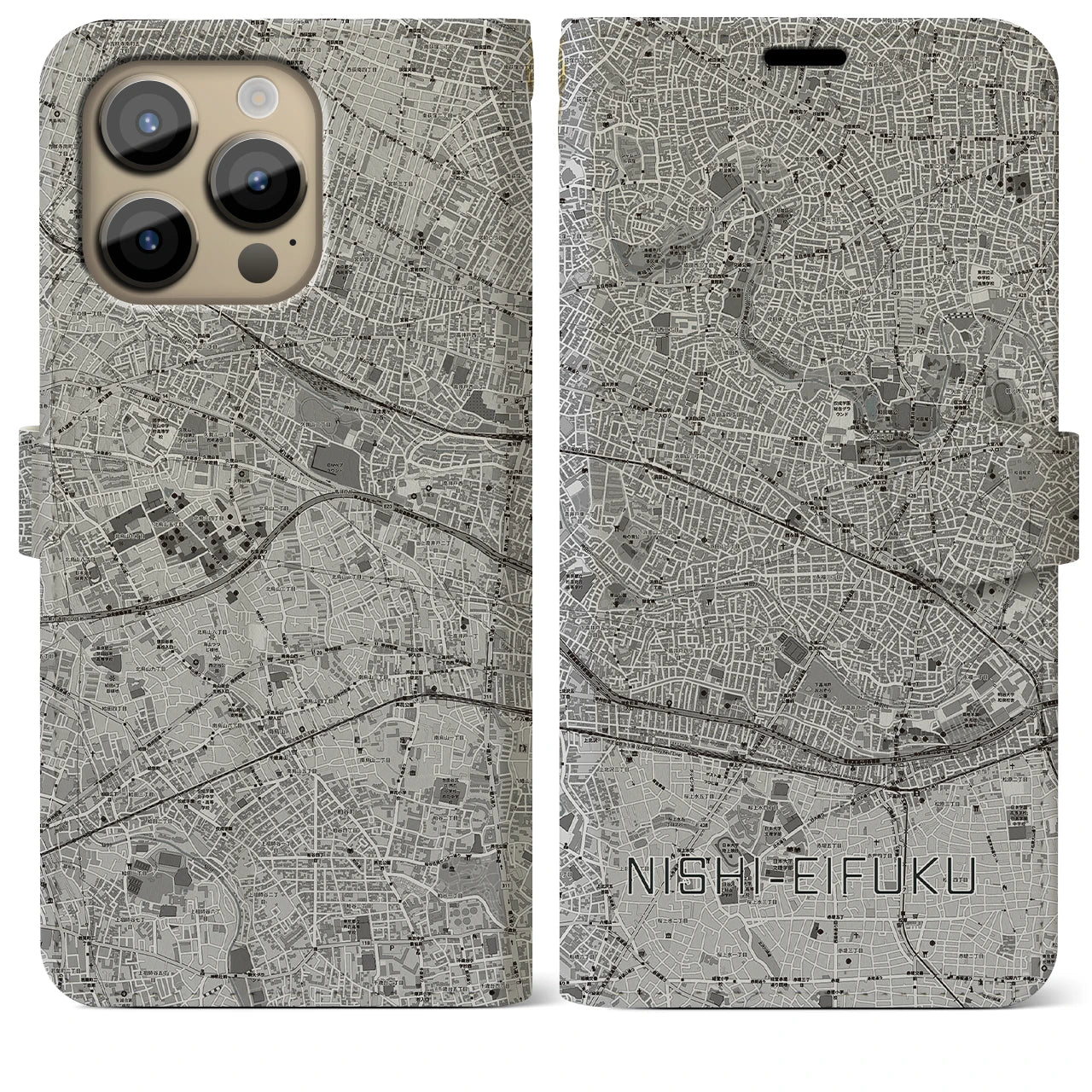 【西永福(東京都)】地図柄iPhoneケース(手帳タイプ)モノトーン・iPhone 14 Pro Max 用